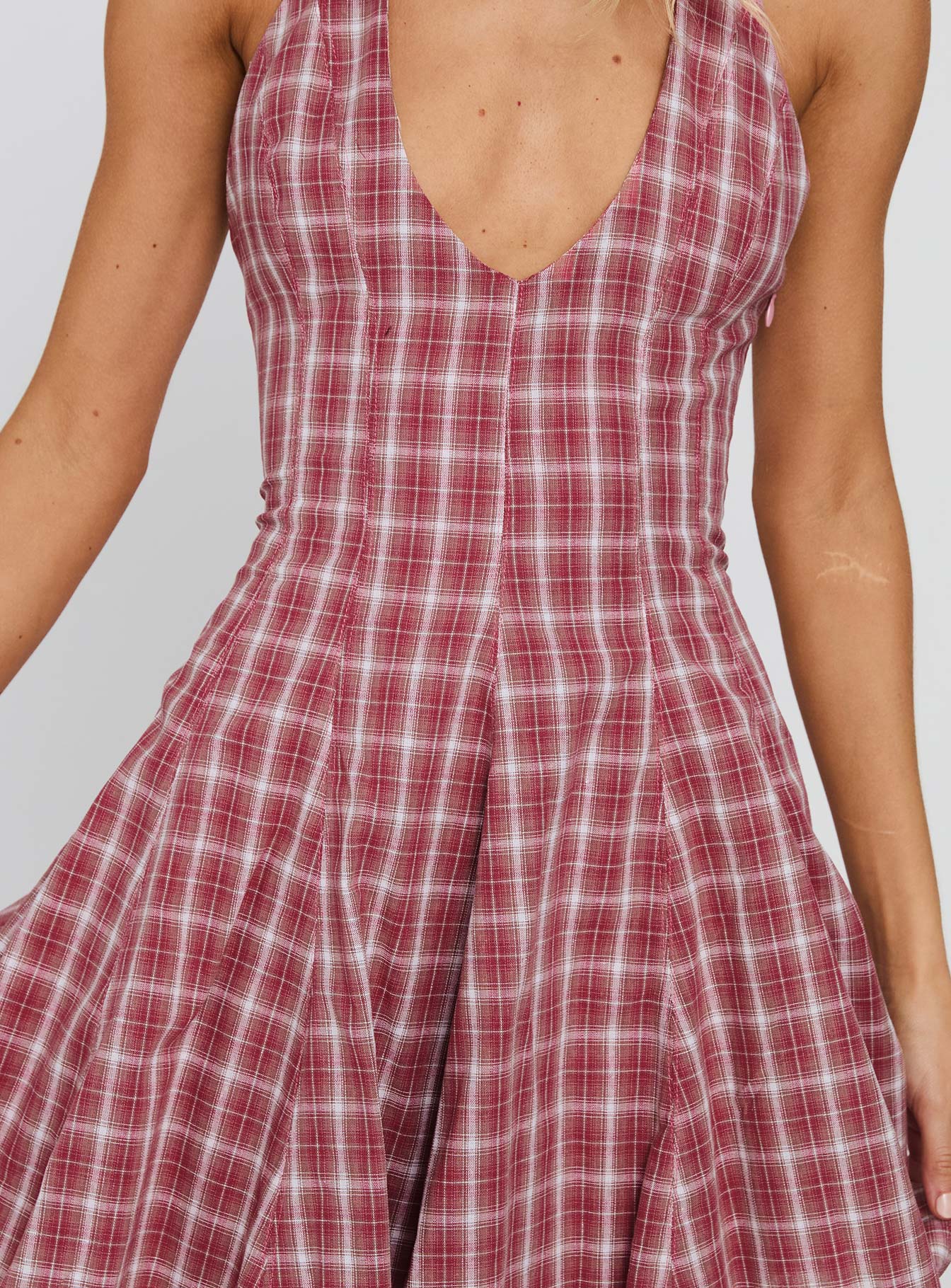 Out Of Nowhere Halter Mini Dress Red Check - TREBLEV
