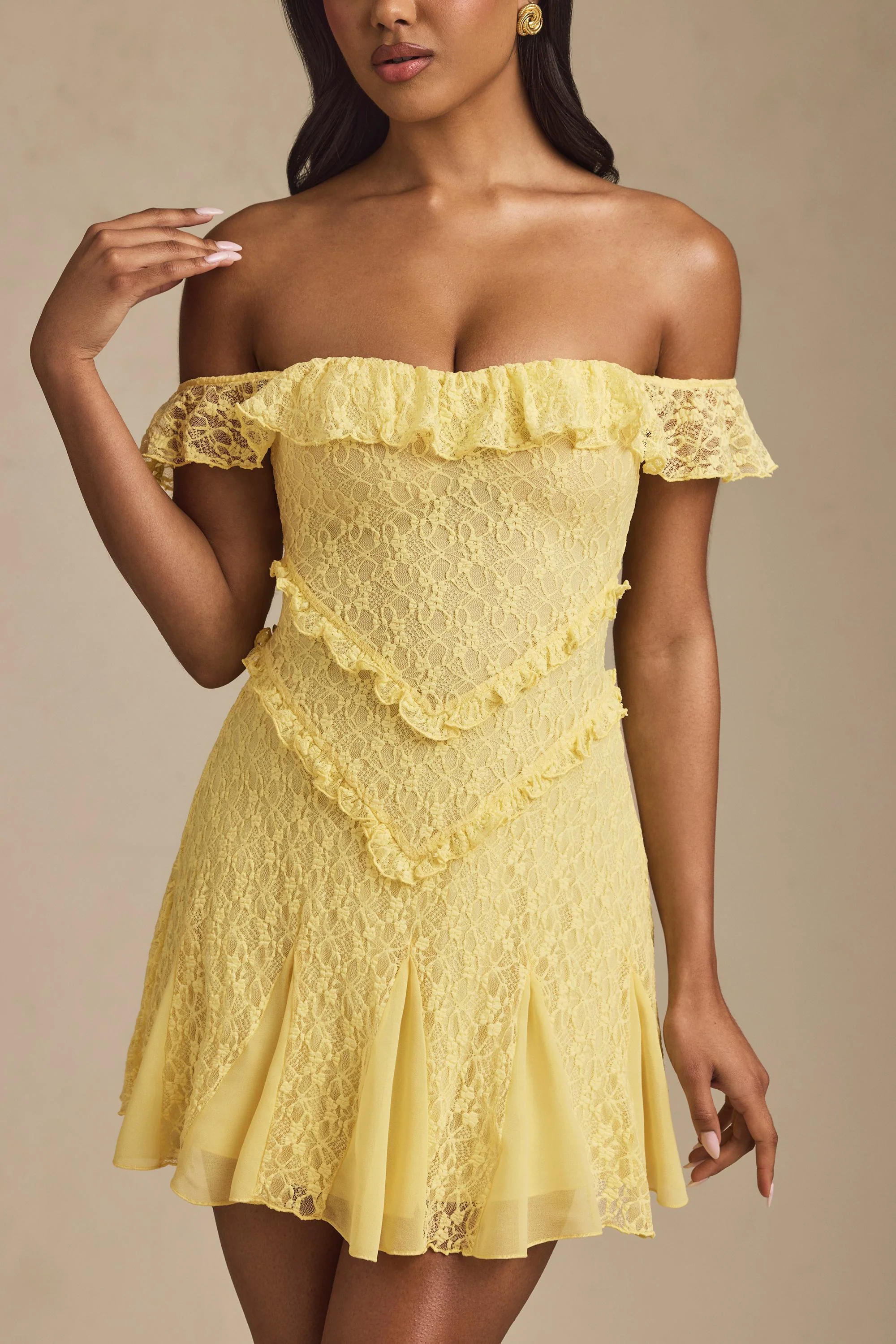 Off-Shoulder Lace A-Line Mini Dress in Pastel Yellow - TREBLEV