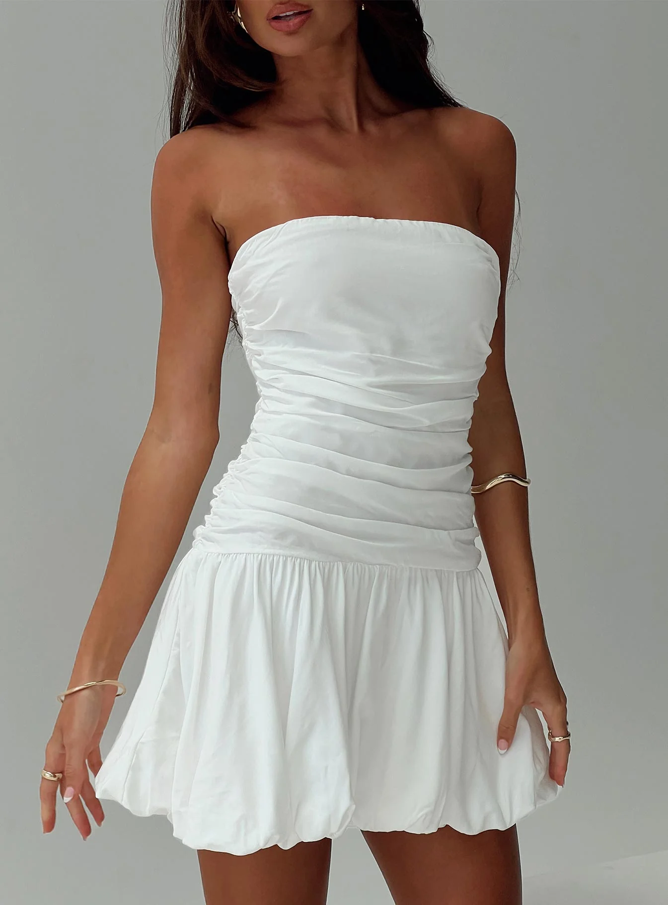 Glamour Girl Strapless Bubble Hem Mini Dress White - TREBLEV