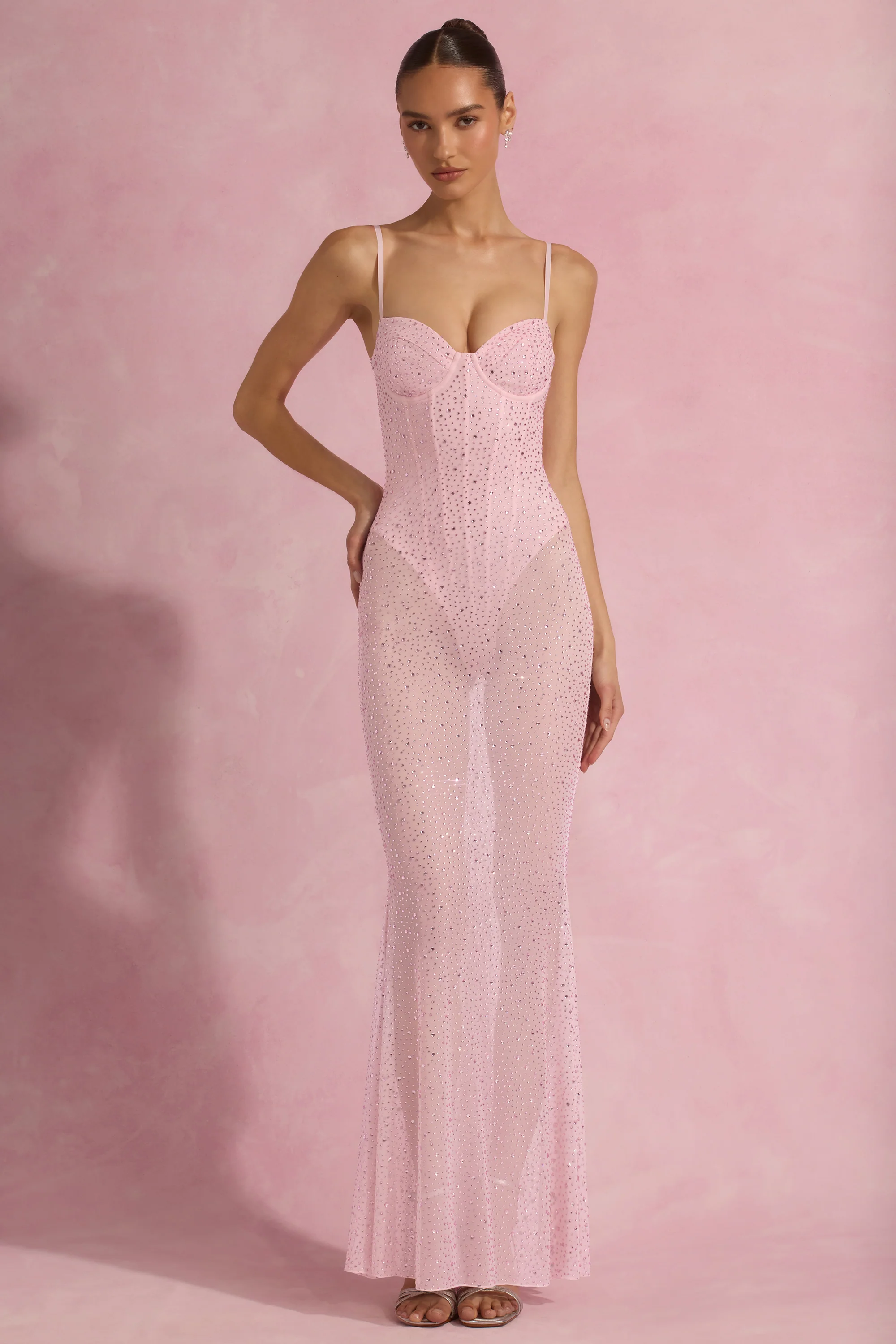 Semi-Sheer Embellished Corset Gown in Pink - TREBLEV