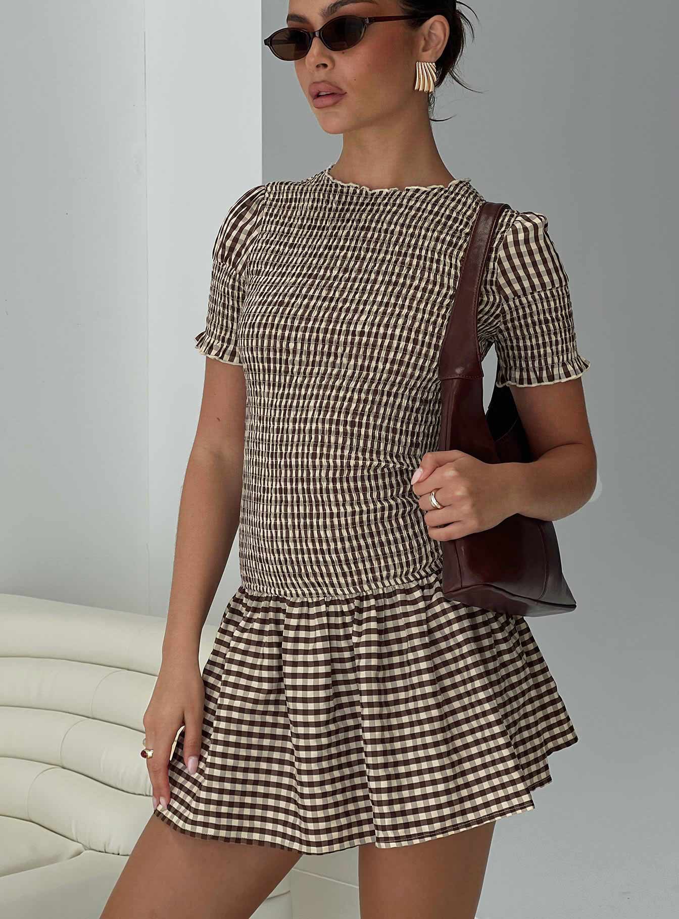 Laurita Shirred Mini Dress Brown Check - TREBLEV