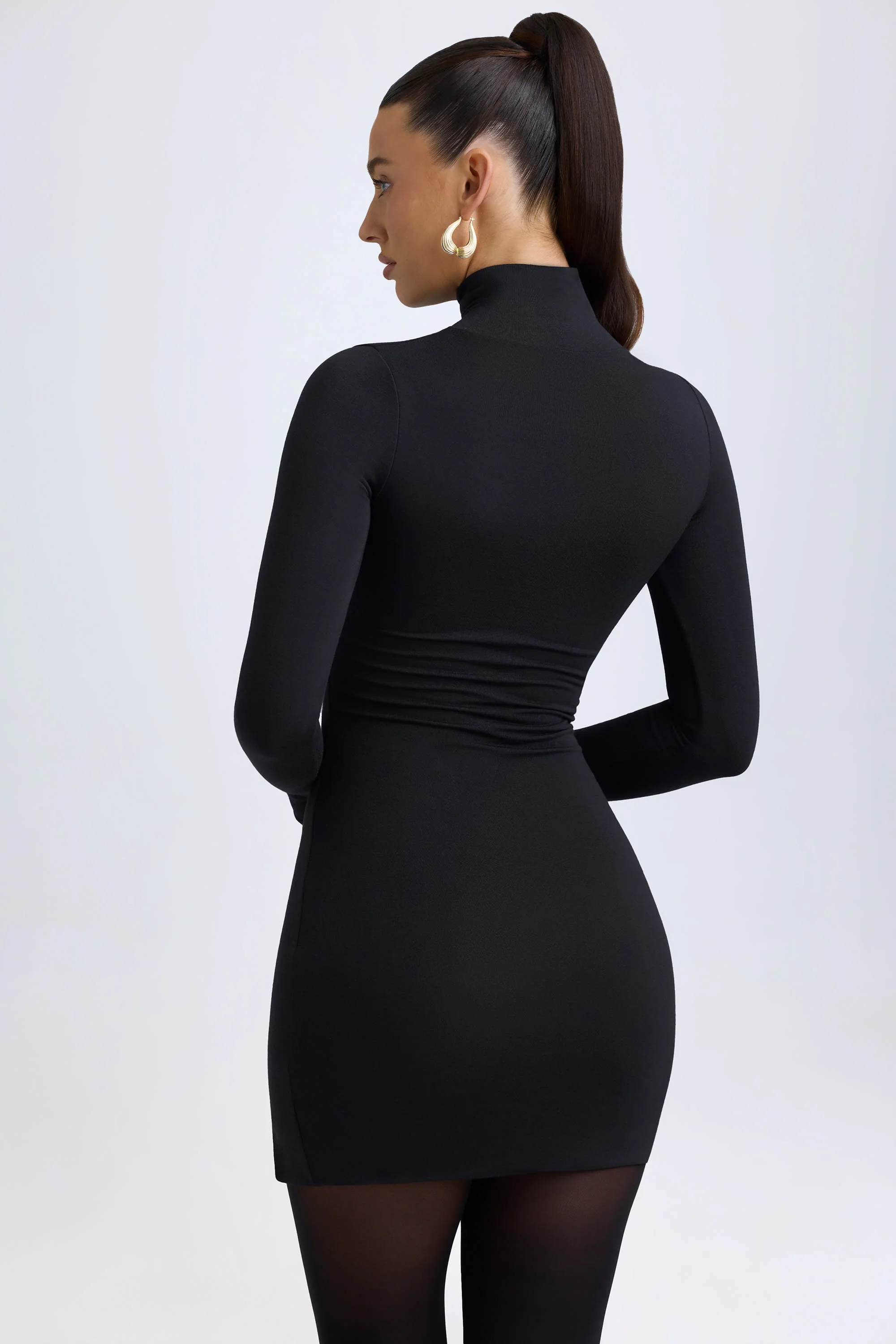 Modal Turtleneck Mini Dress in Black - TREBLEV