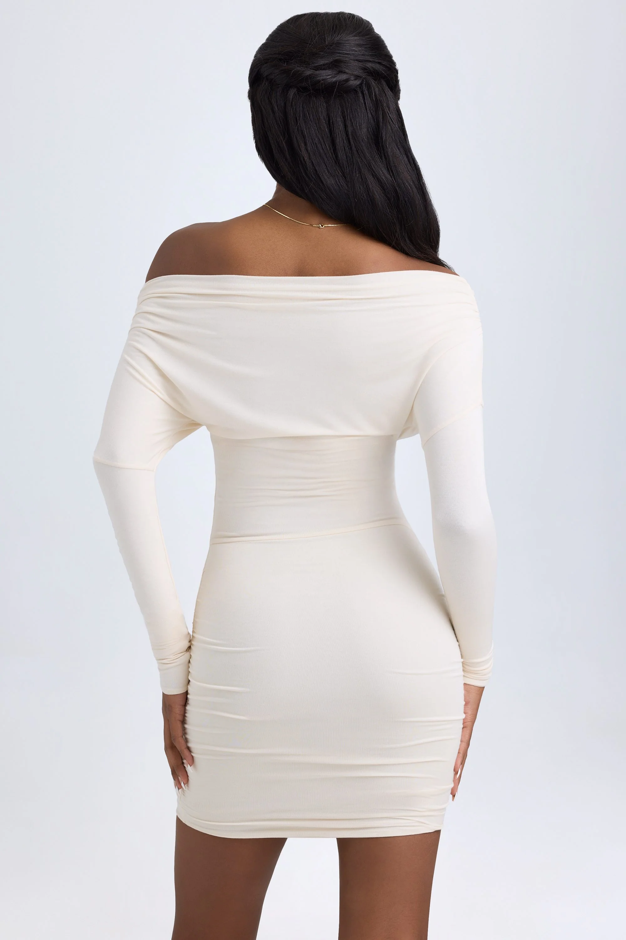 Modal Off-Shoulder Ruched Mini Dress in Ivory - TREBLEV