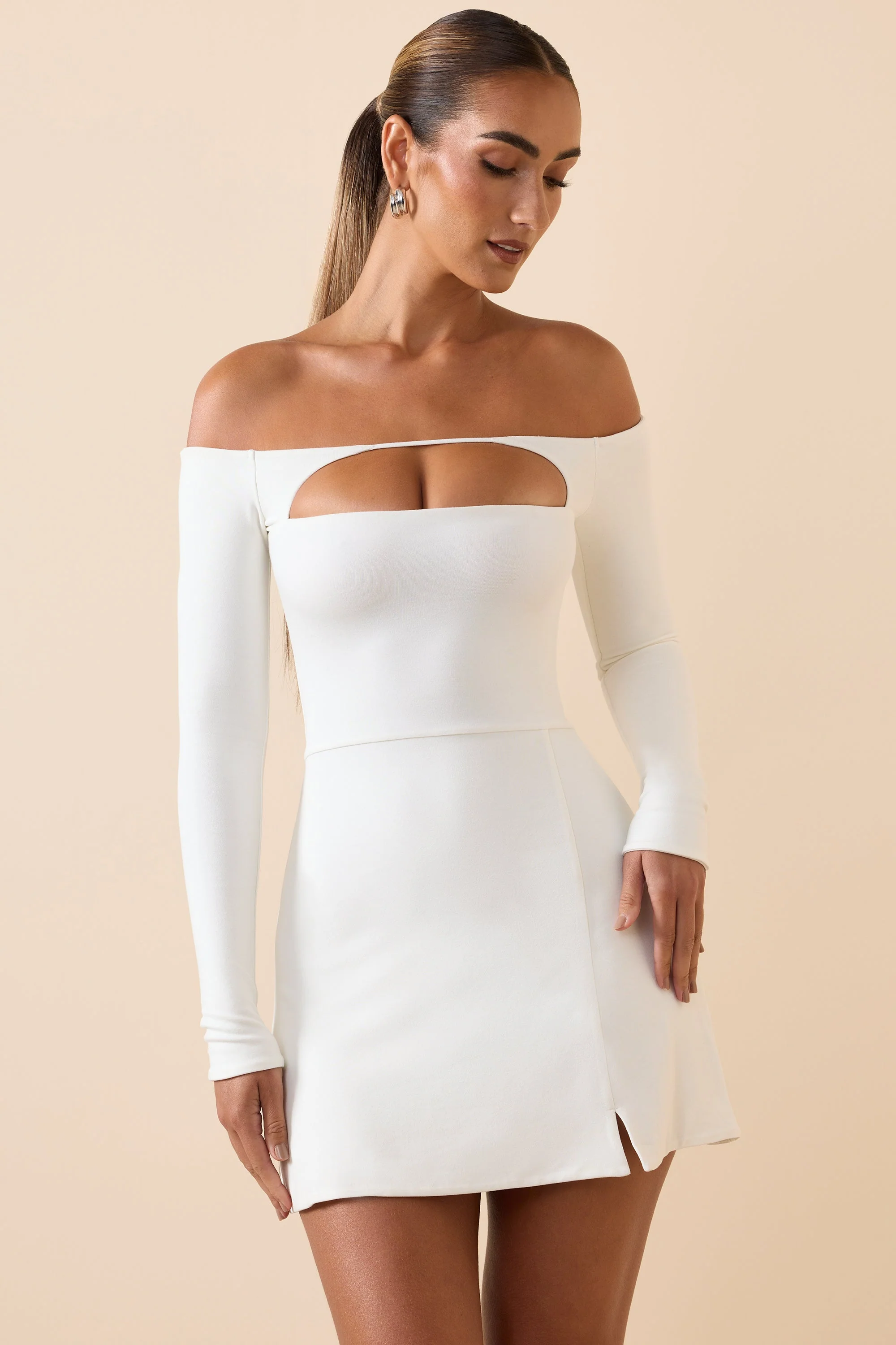 Modal Cut-Out Off-Shoulder A-Line Mini Dress in White - TREBLEV