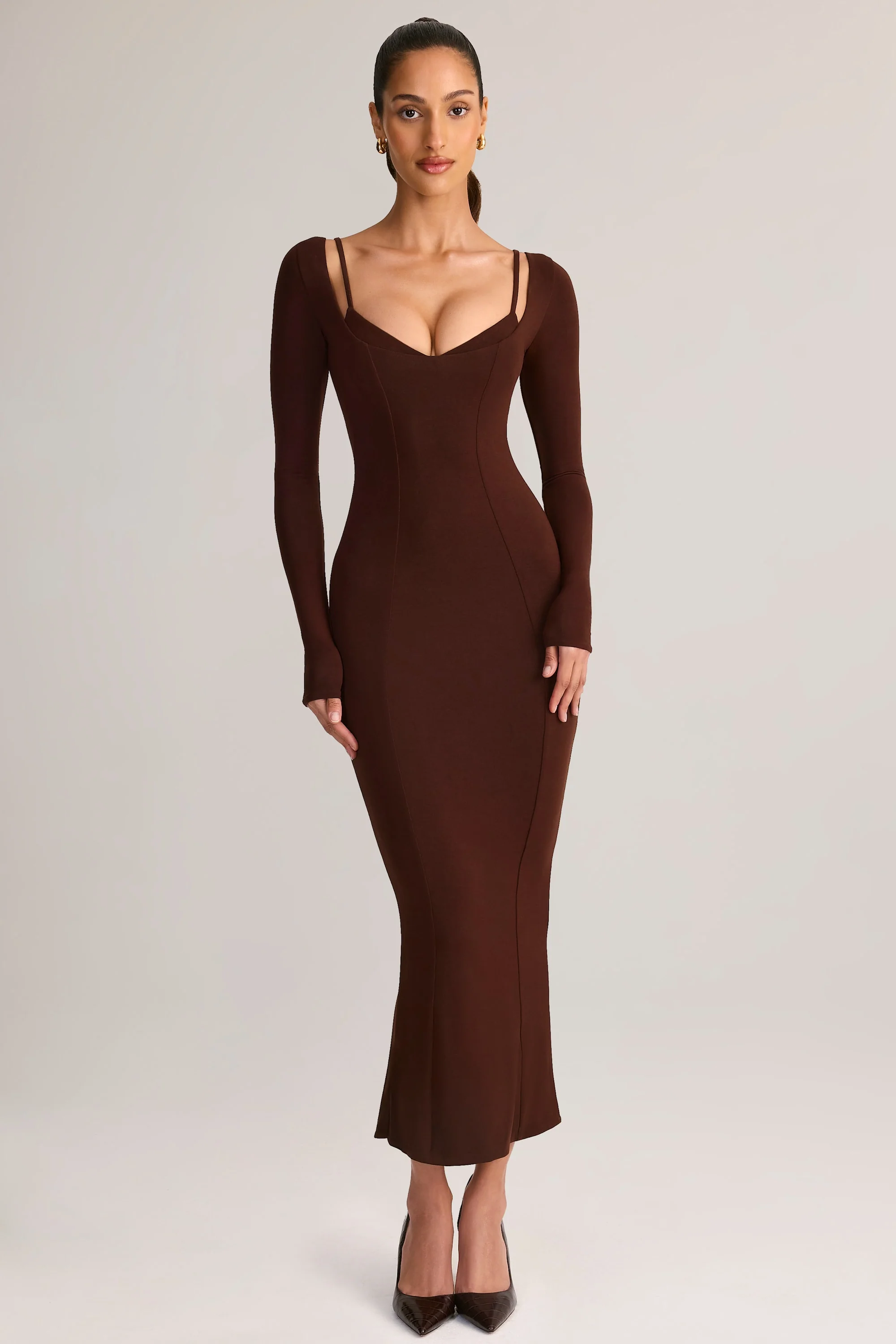 Modal Peekaboo Long-Sleeve Midi Dress in Chocolate Brown - TREBLEV