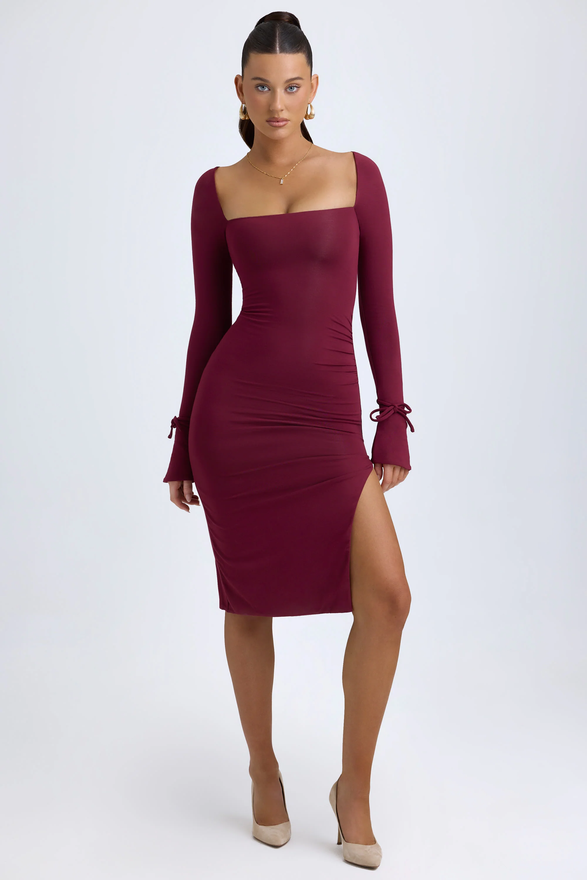 Modal Square-Neck Midi Dress in Wine Red - TREBLEV