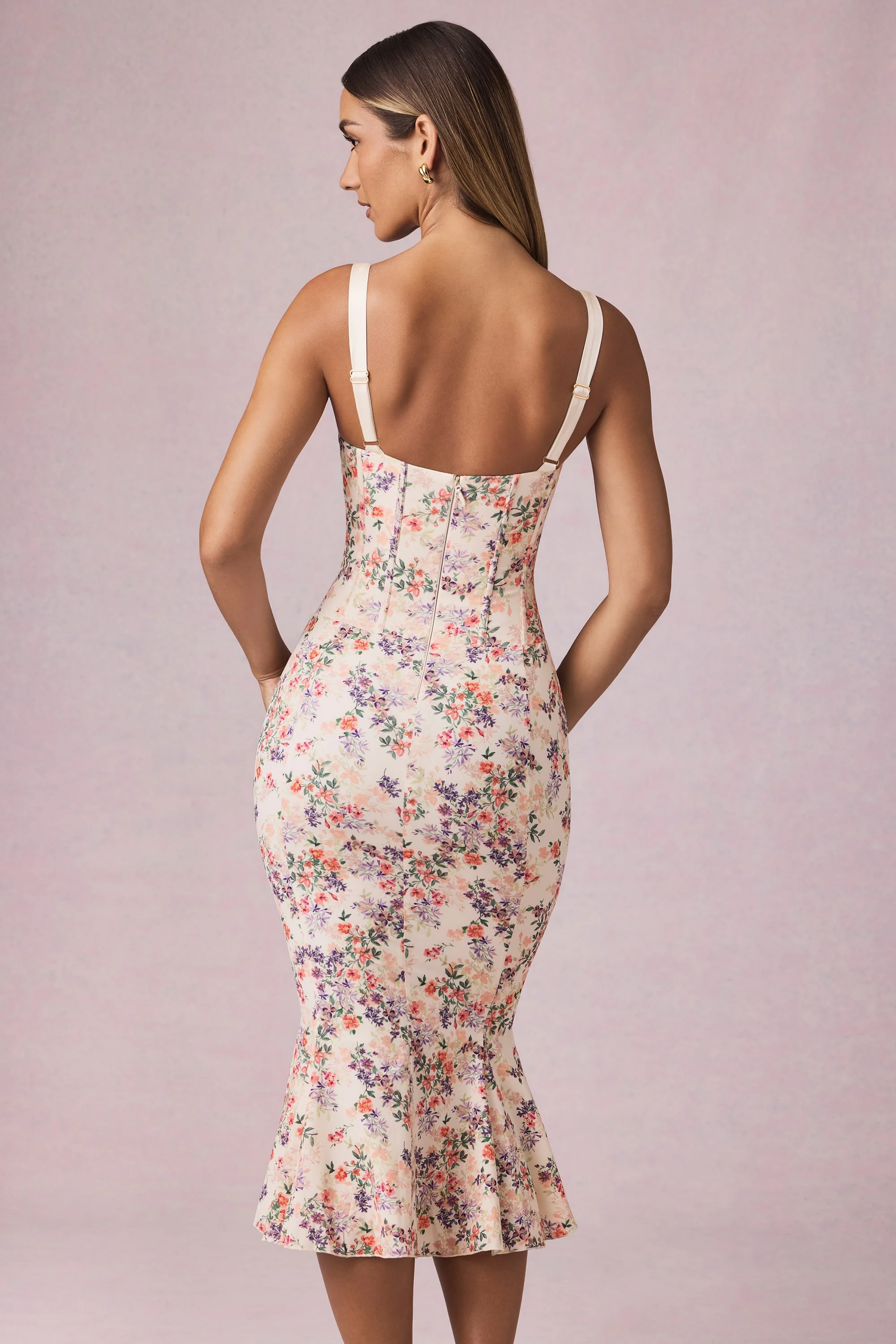 Layered Bra-Detail Fishtail Midaxi Dress in Primrose Floral Print - TREBLEV