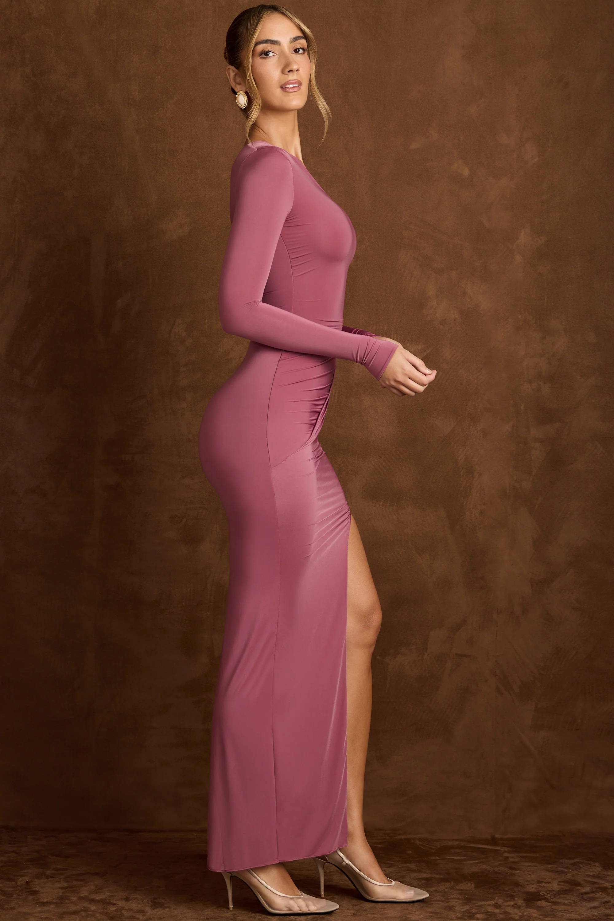 Asymmetric Draped Maxi Dress in Rose Brown - TREBLEV