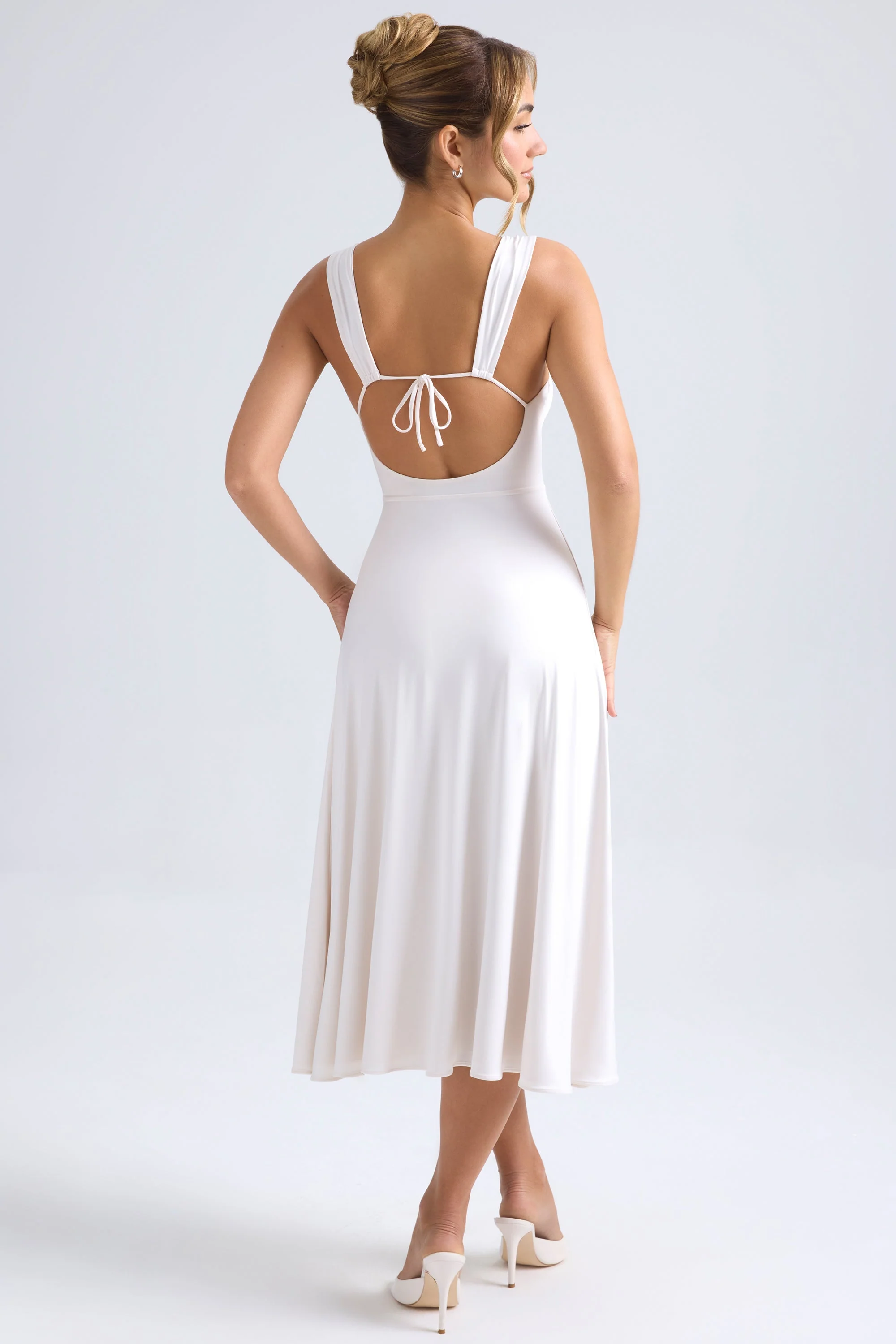 Sweetheart-Neck Ruched Midaxi Dress in Ivory - TREBLEV
