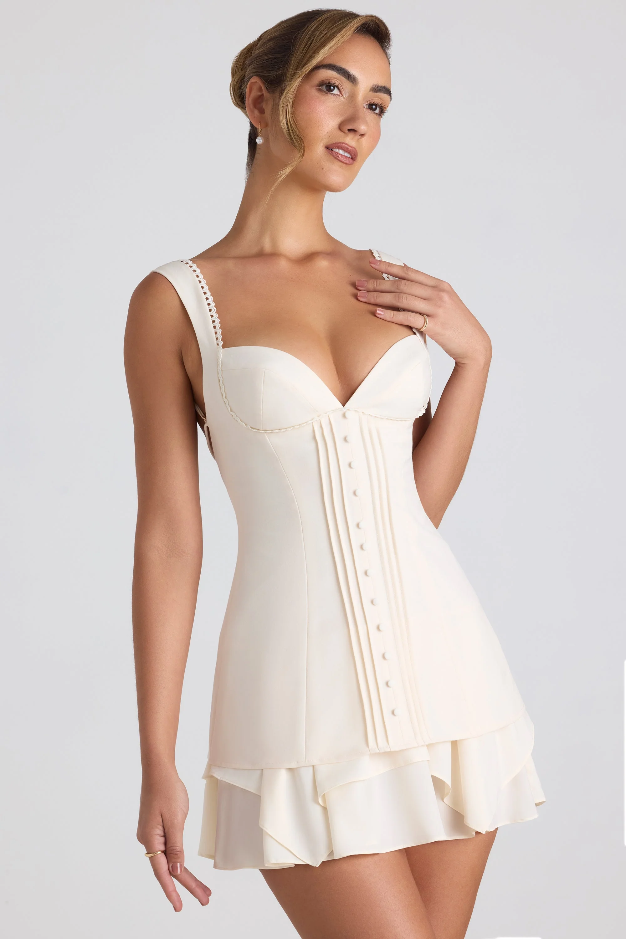 Ruffle-Trim Button-Detail Corset Mini Dress in Ivory - TREBLEV