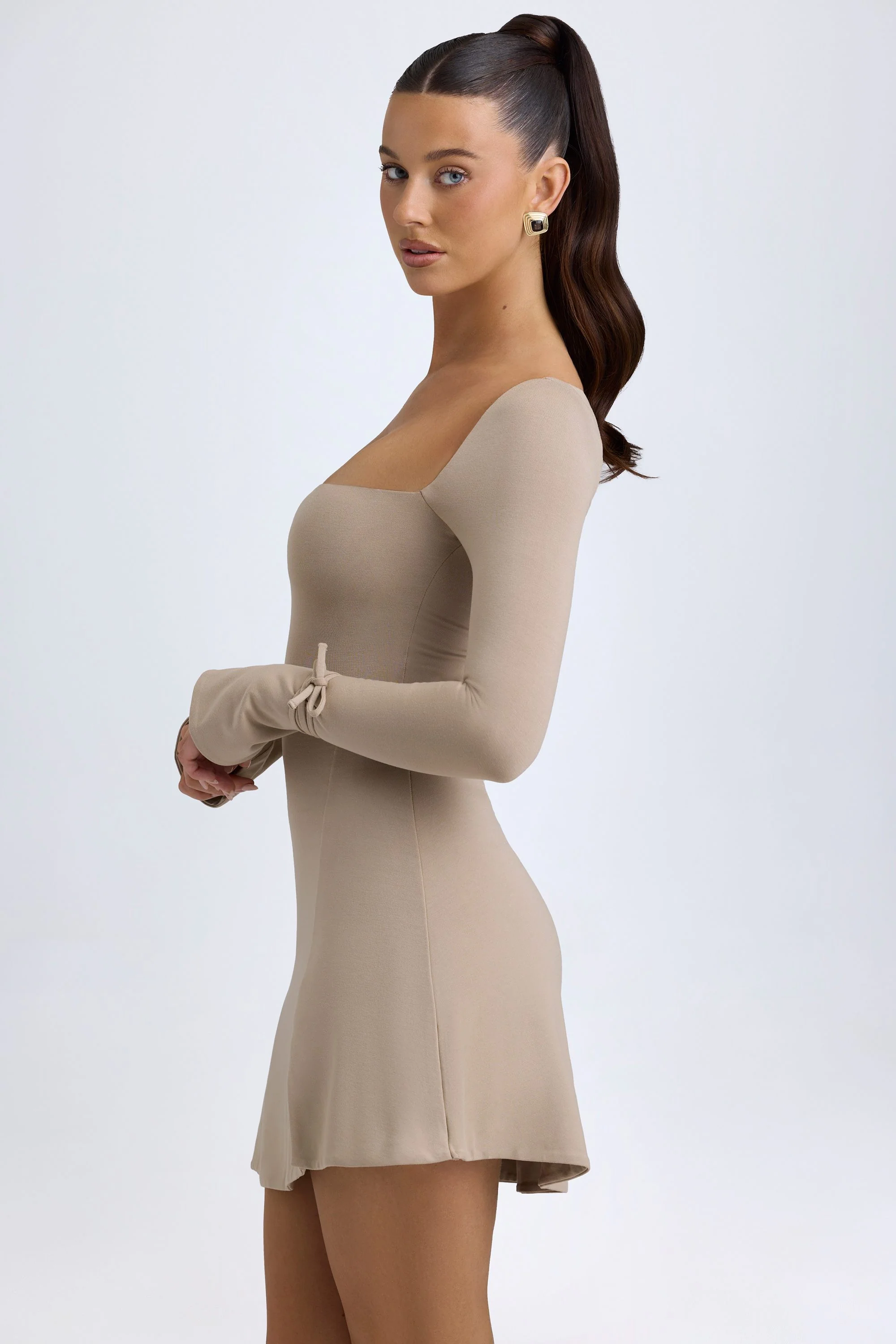 Square Neck Long Sleeve Mini Dress in Taupe - TREBLEV