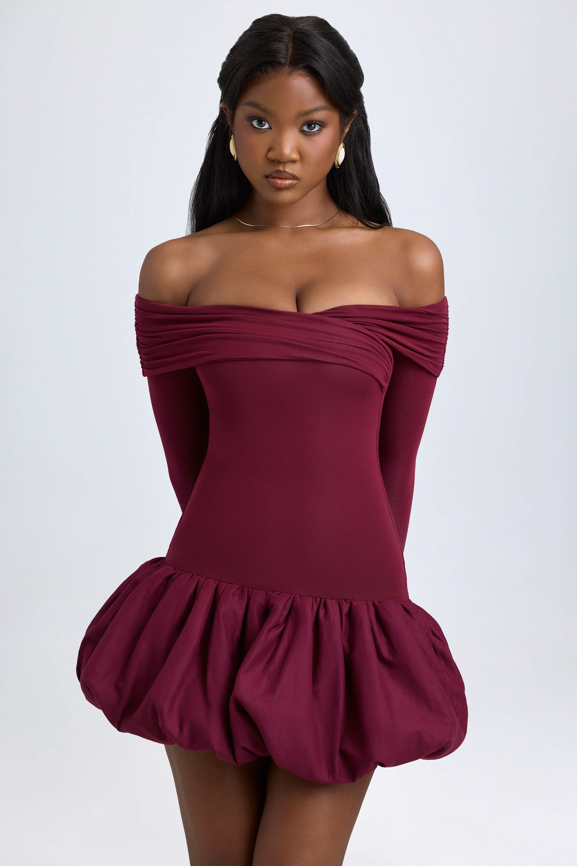 Modal Off-Shoulder Bubble Hem Mini Dress in Wine Red - TREBLEV