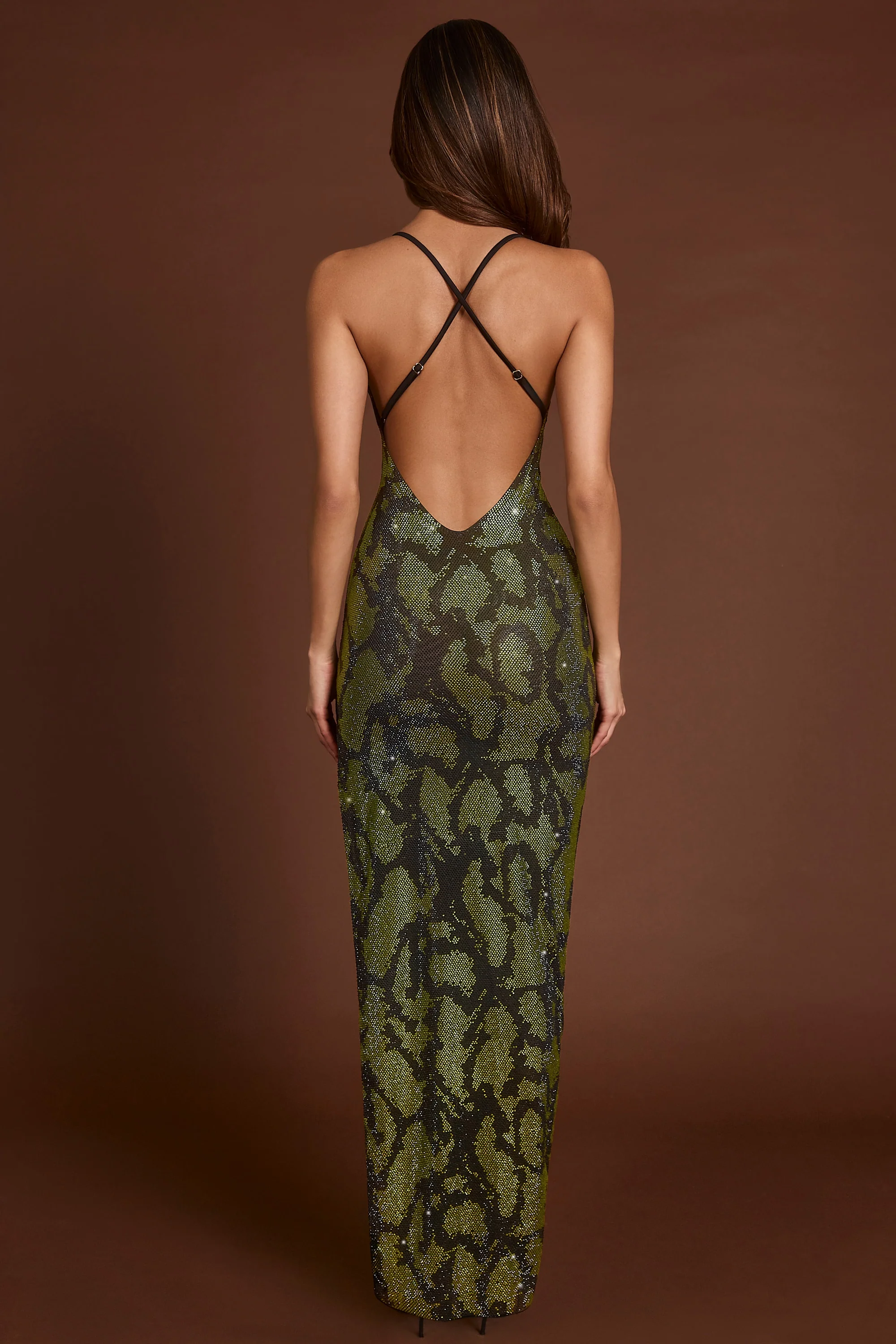 Embellished Halterneck Maxi Dress in Green Snake - TREBLEV