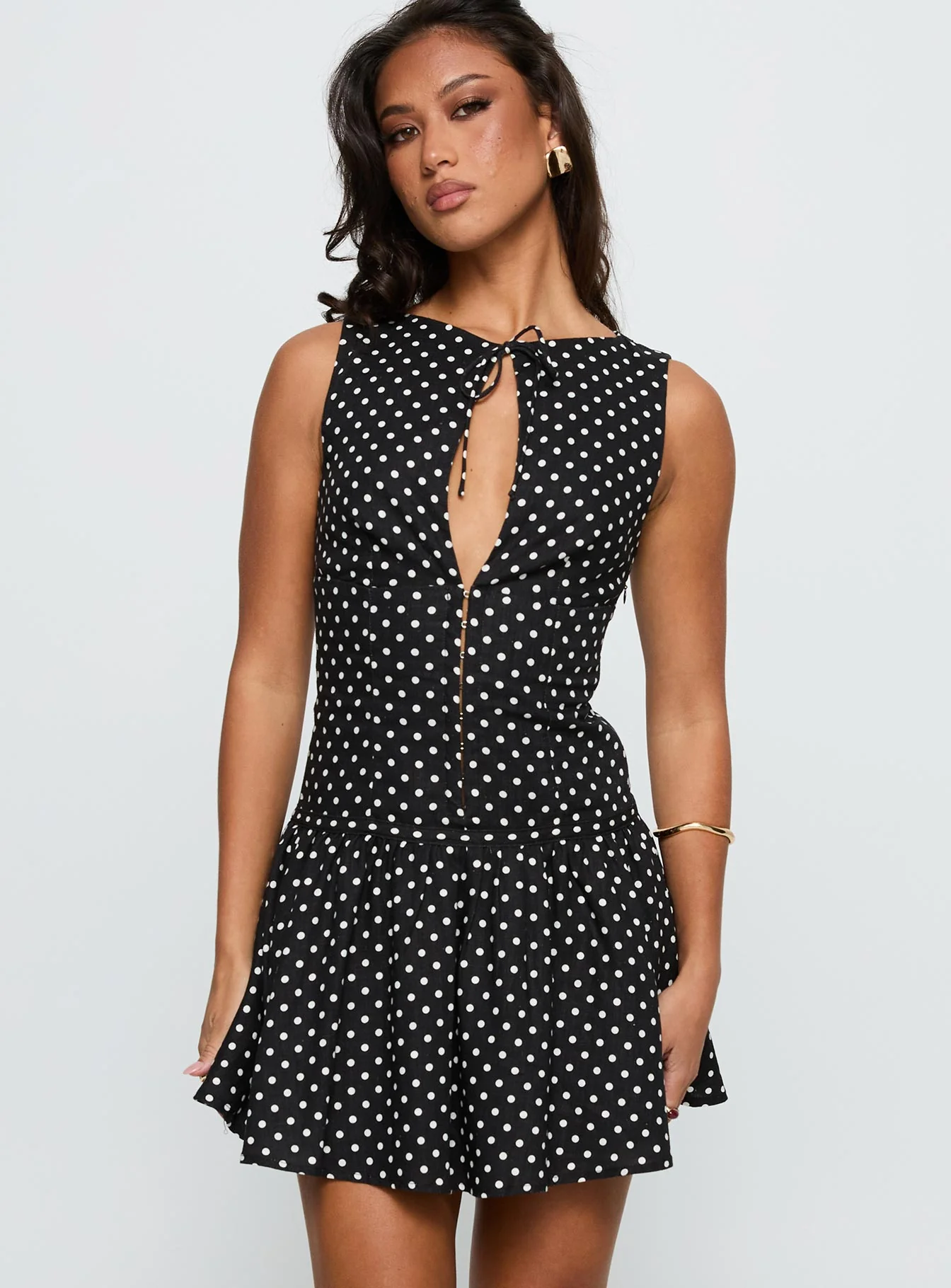 Alissea Keyhole Linen Blend Mini Dress Black Polka - TREBLEV