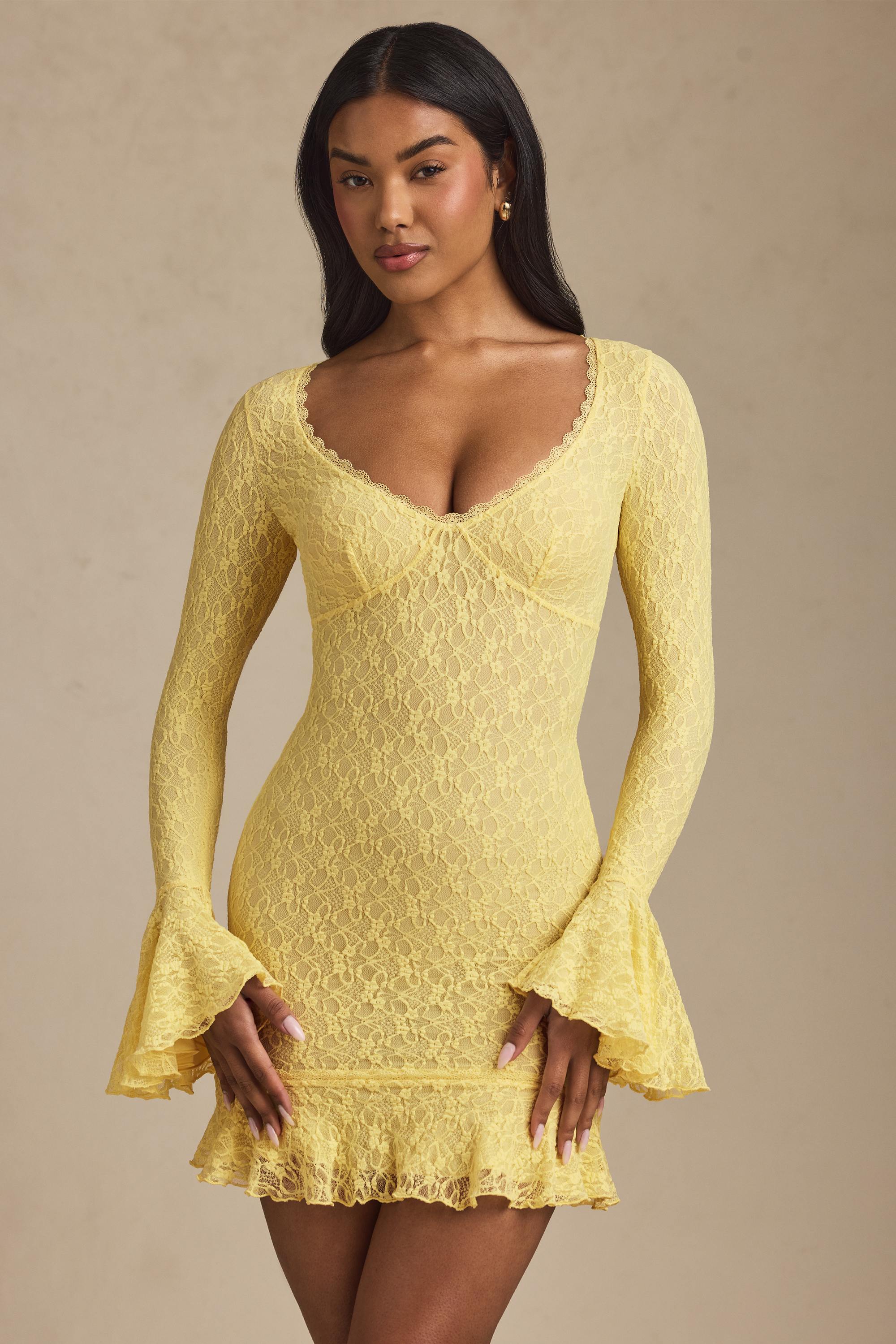 Long-Sleeve Ruffled Lace Mini Dress in Pastel Yellow - TREBLEV