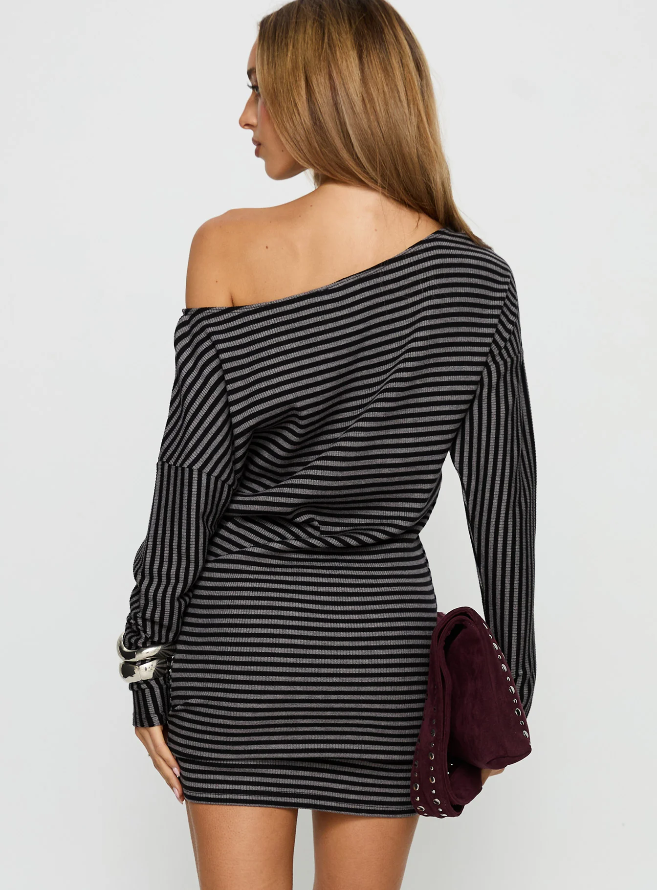 Alayne Long Sleeve Knit Mini Dress Black / Grey Stripe - TREBLEV