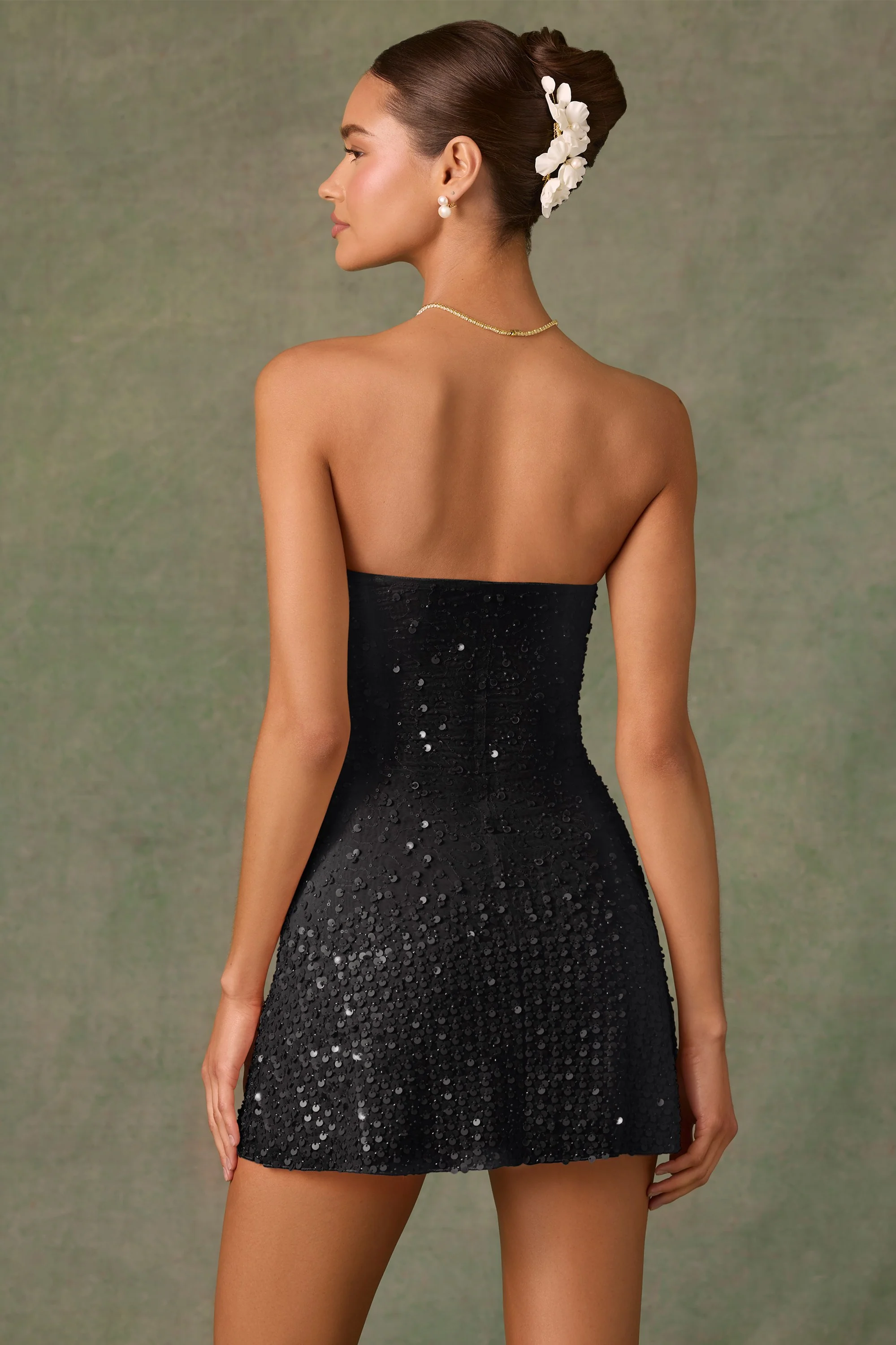 Embellished Sweetheart-Neck A-Line Mini Dress in Black - TREBLEV