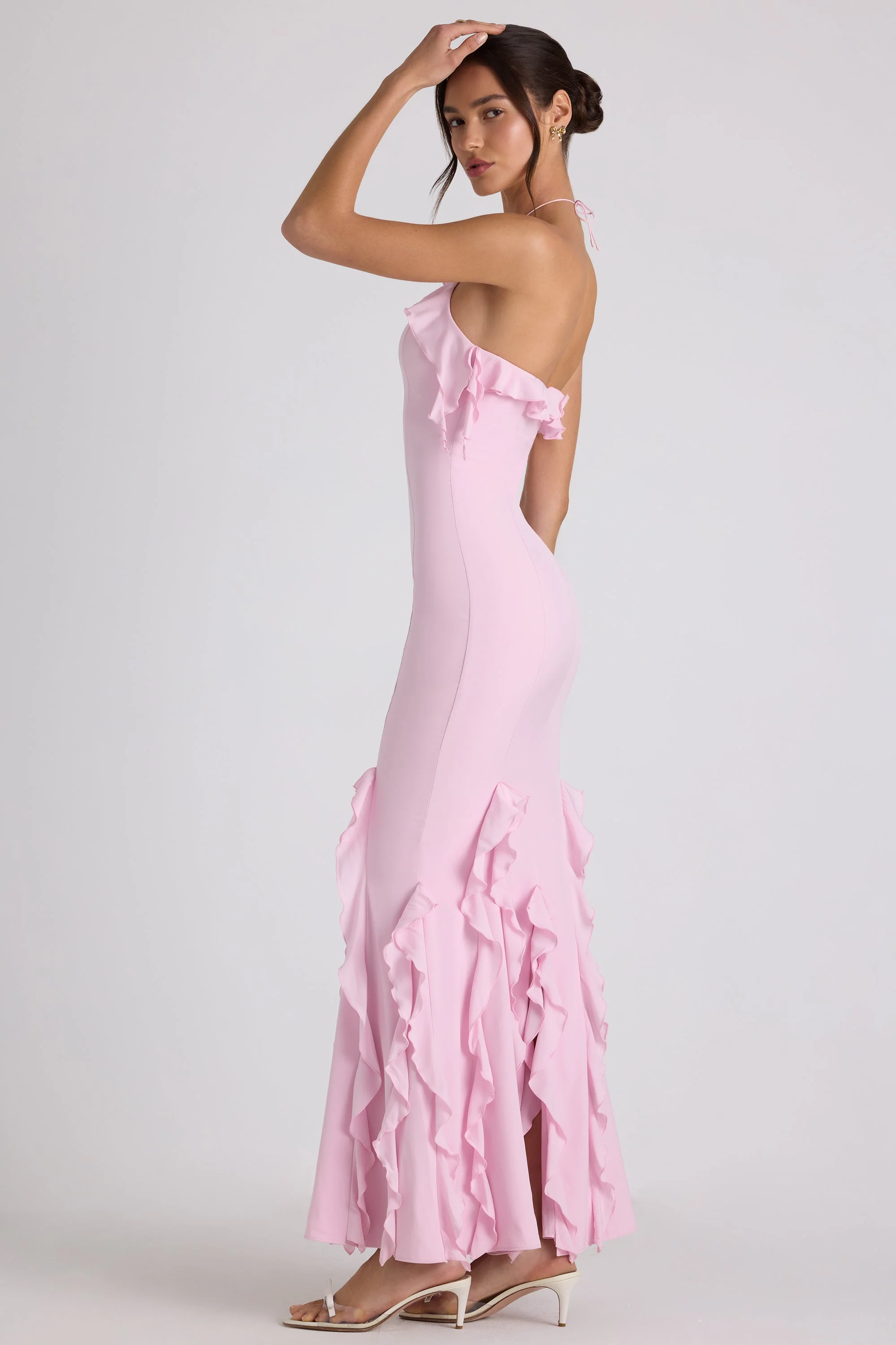 Ruffle-Trim Halterneck Gown in Soft Pink - TREBLEV