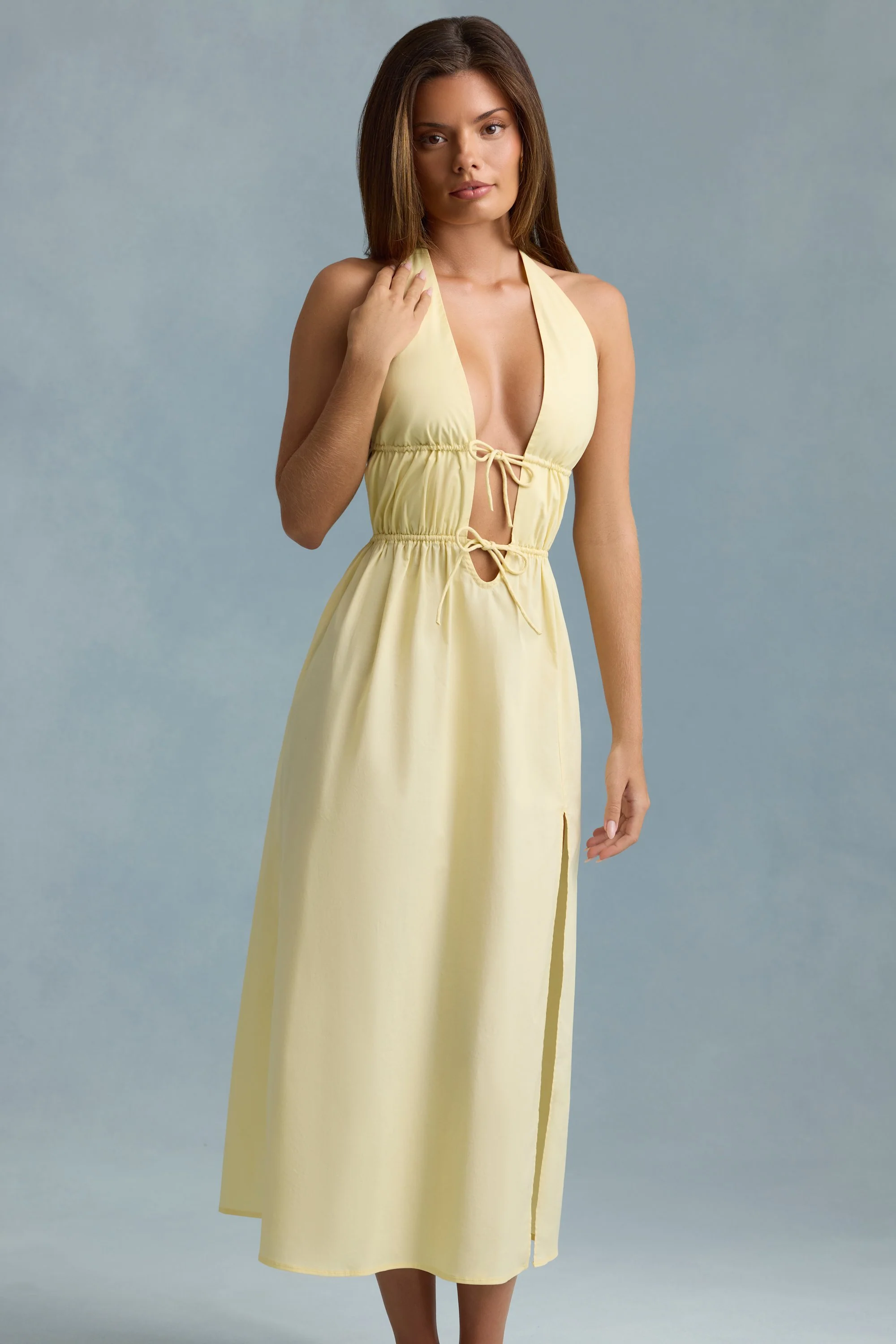 Backless Cotton-Poplin Midaxi Dress in Lemon Yellow - TREBLEV