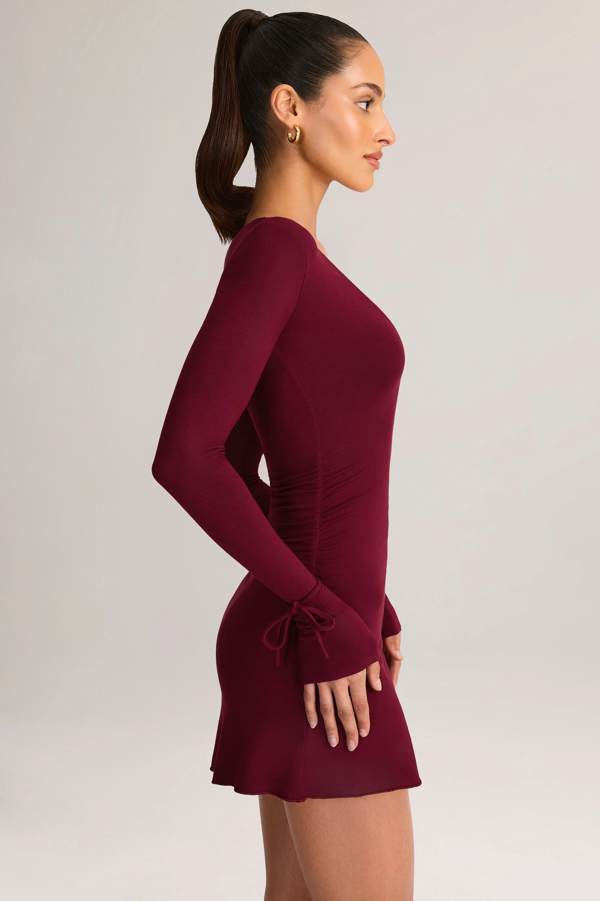 Modal Long-Sleeve Mini Dress in Wine - TREBLEV