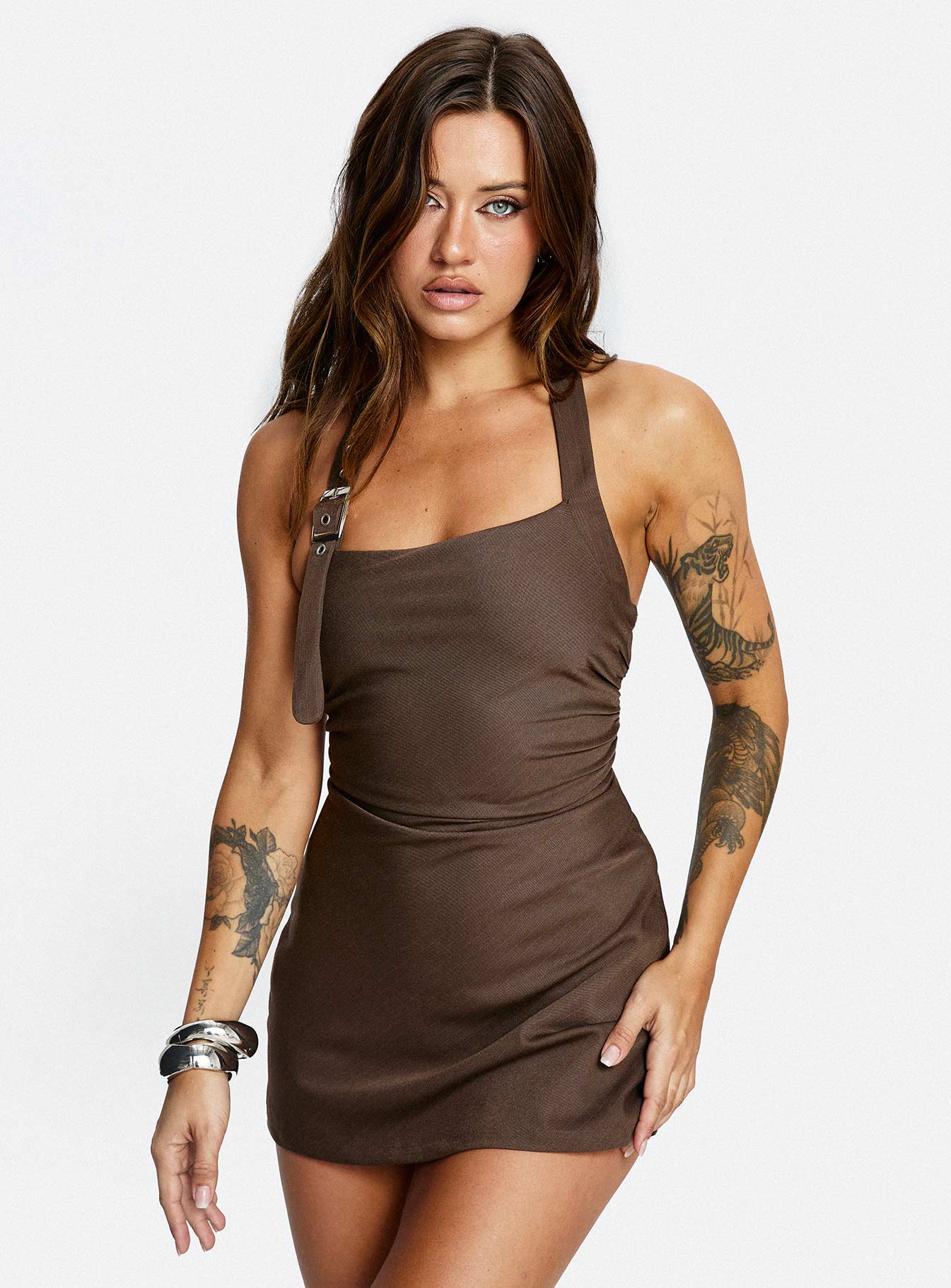 Deona Tailored Mini Dress Brown - TREBLEV