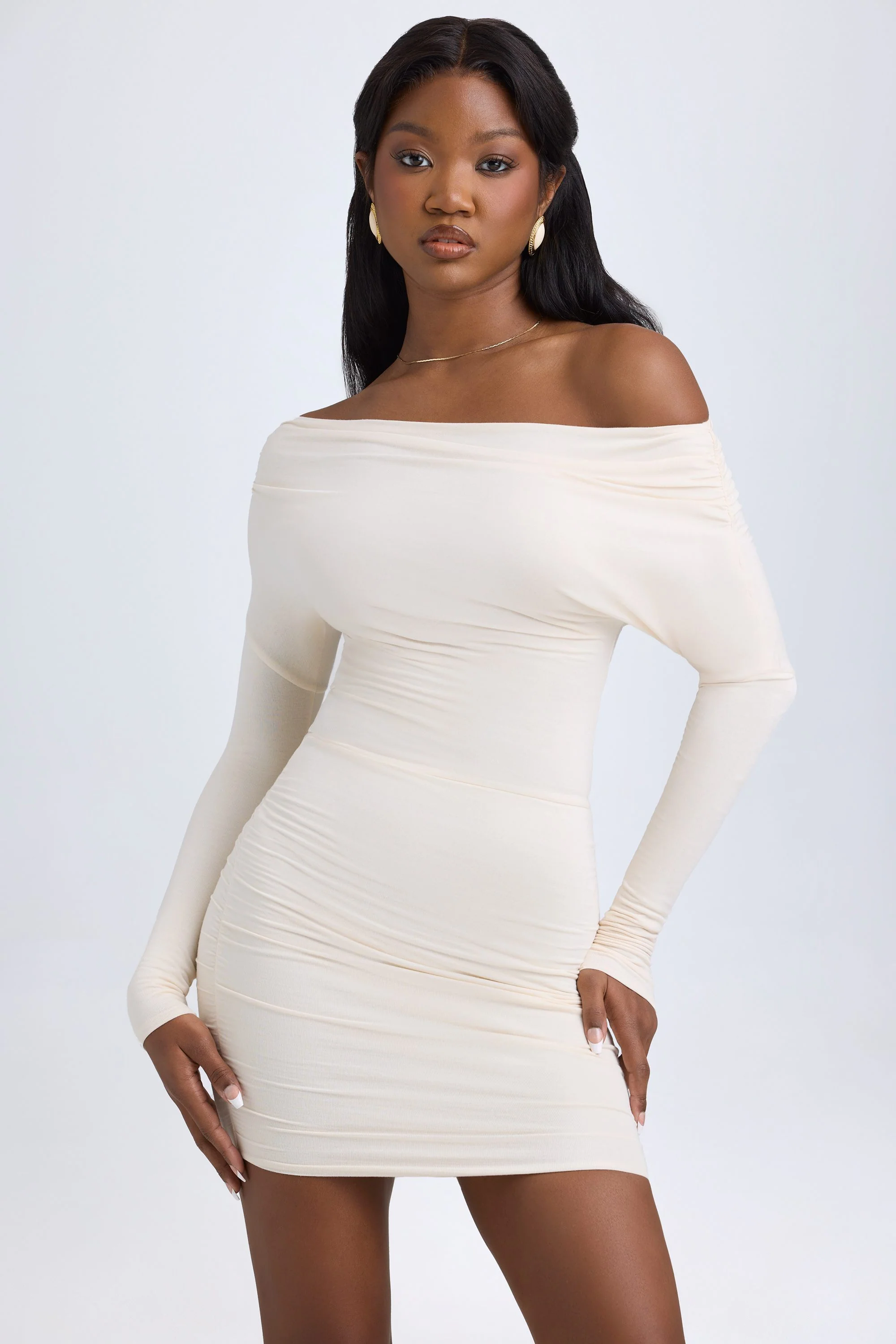Modal Off-Shoulder Ruched Mini Dress in Ivory - TREBLEV