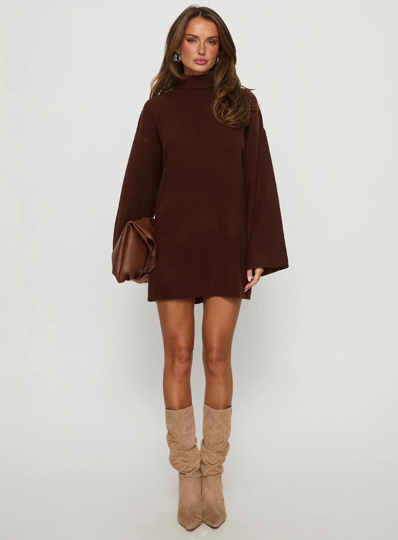 Sonelle Long Sleeve Knit Mini Dress Chocolate - TREBLEV