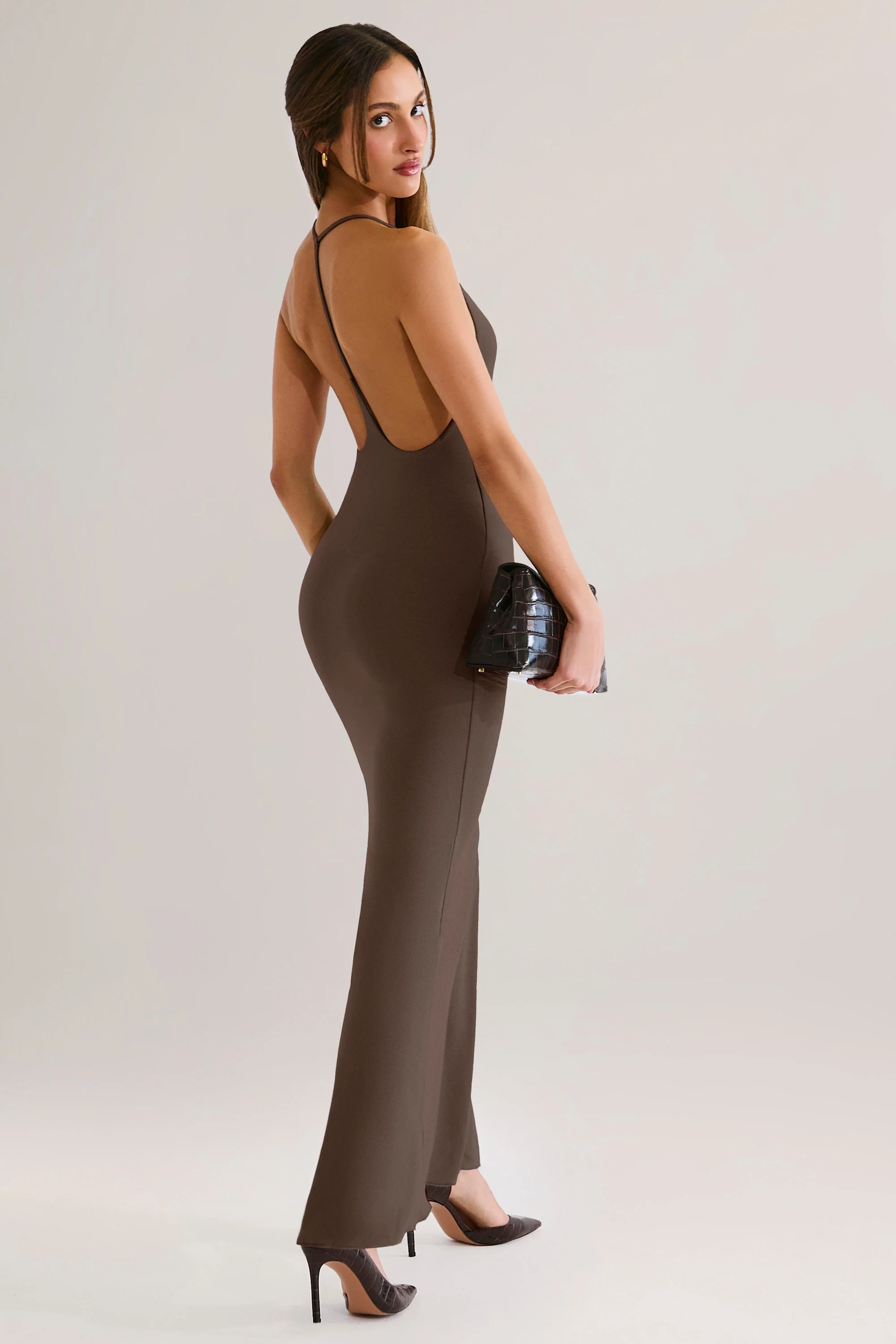 Modal Plunge Backless Maxi Dress in Chocolate Brown - TREBLEV
