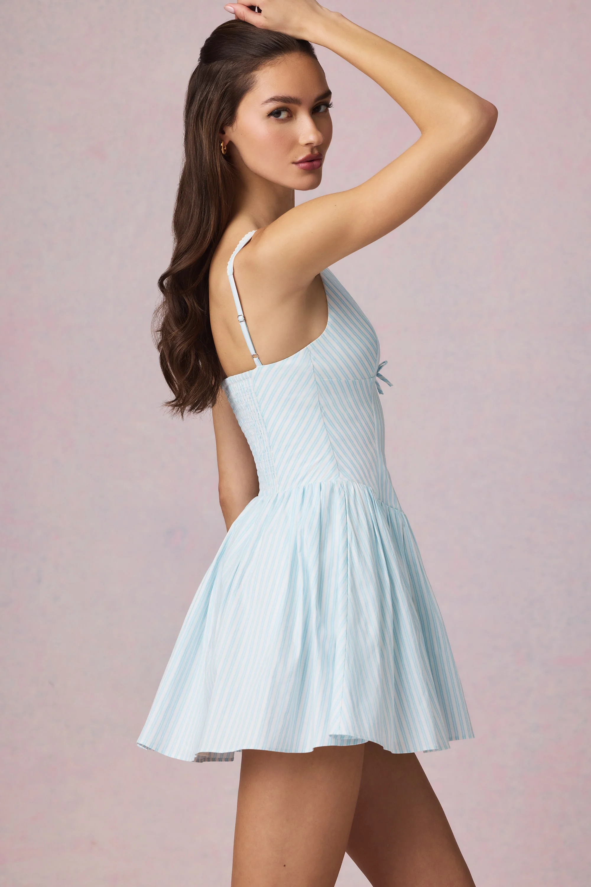 Bow-Detail A-Line Mini Dress in Powder Blue Stripe - TREBLEV