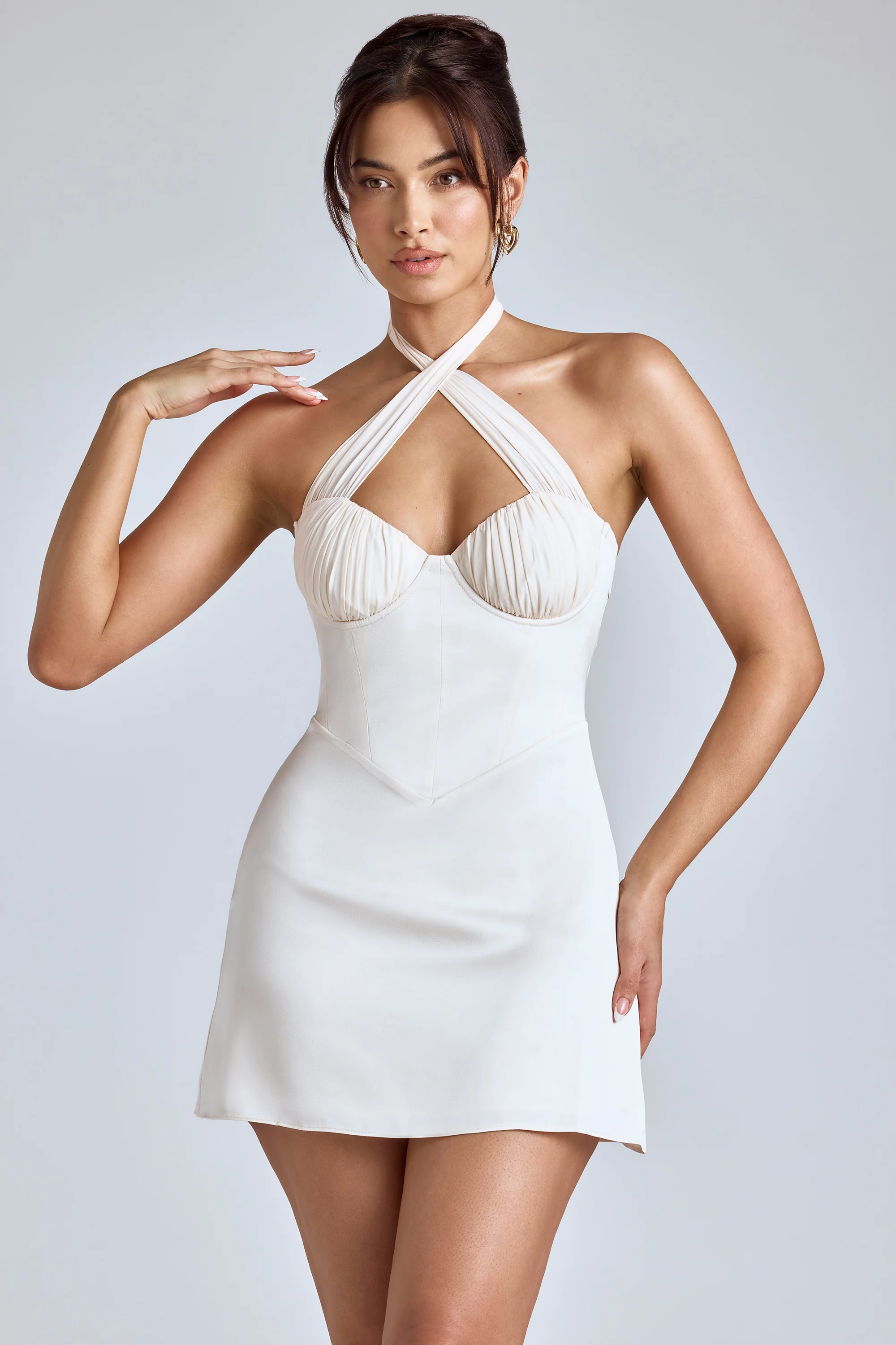 Cross-Neck A-Line Mini Dress in Ivory - TREBLEV
