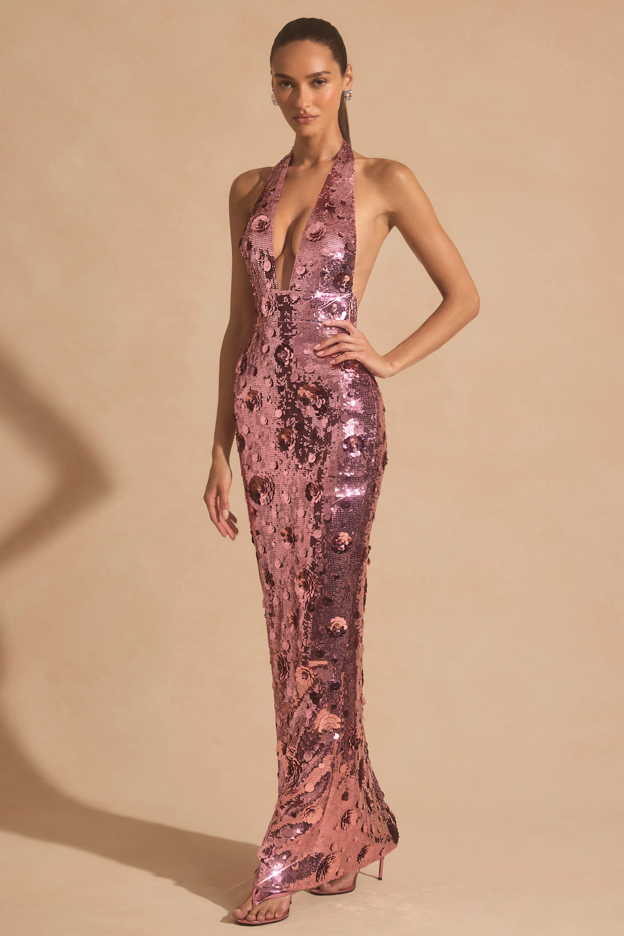Sequin-Embellished Halterneck Maxi Dress in Pink - TREBLEV