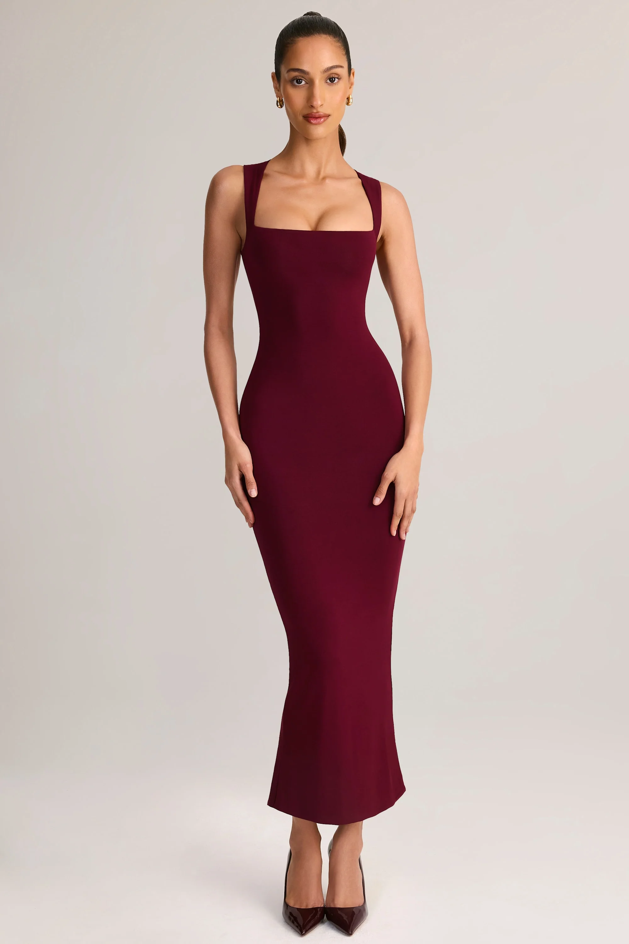 Modal Square-Neck Midi Dress in Wine - TREBLEV