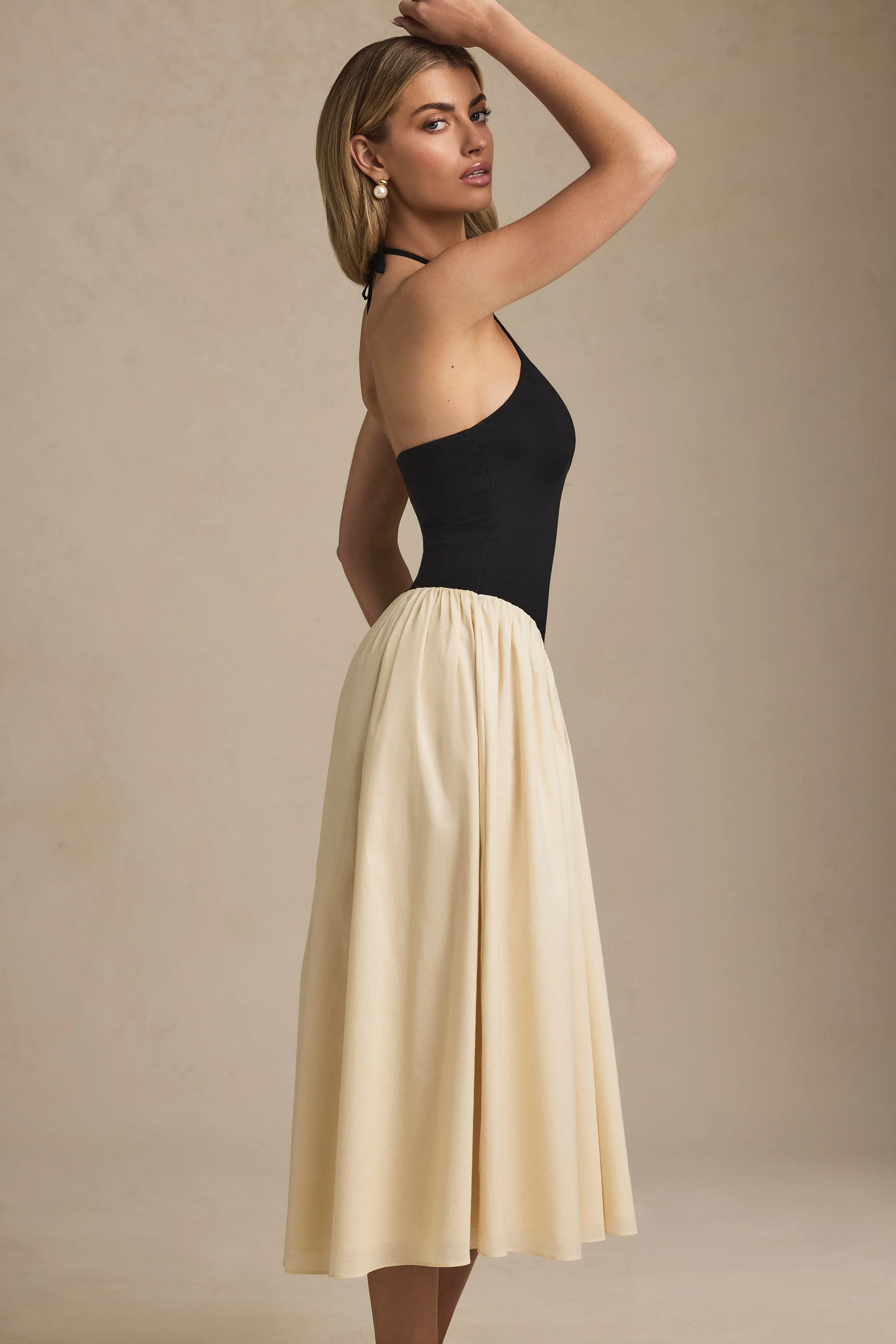 Halterneck A-Line Midaxi Dress in Black - TREBLEV