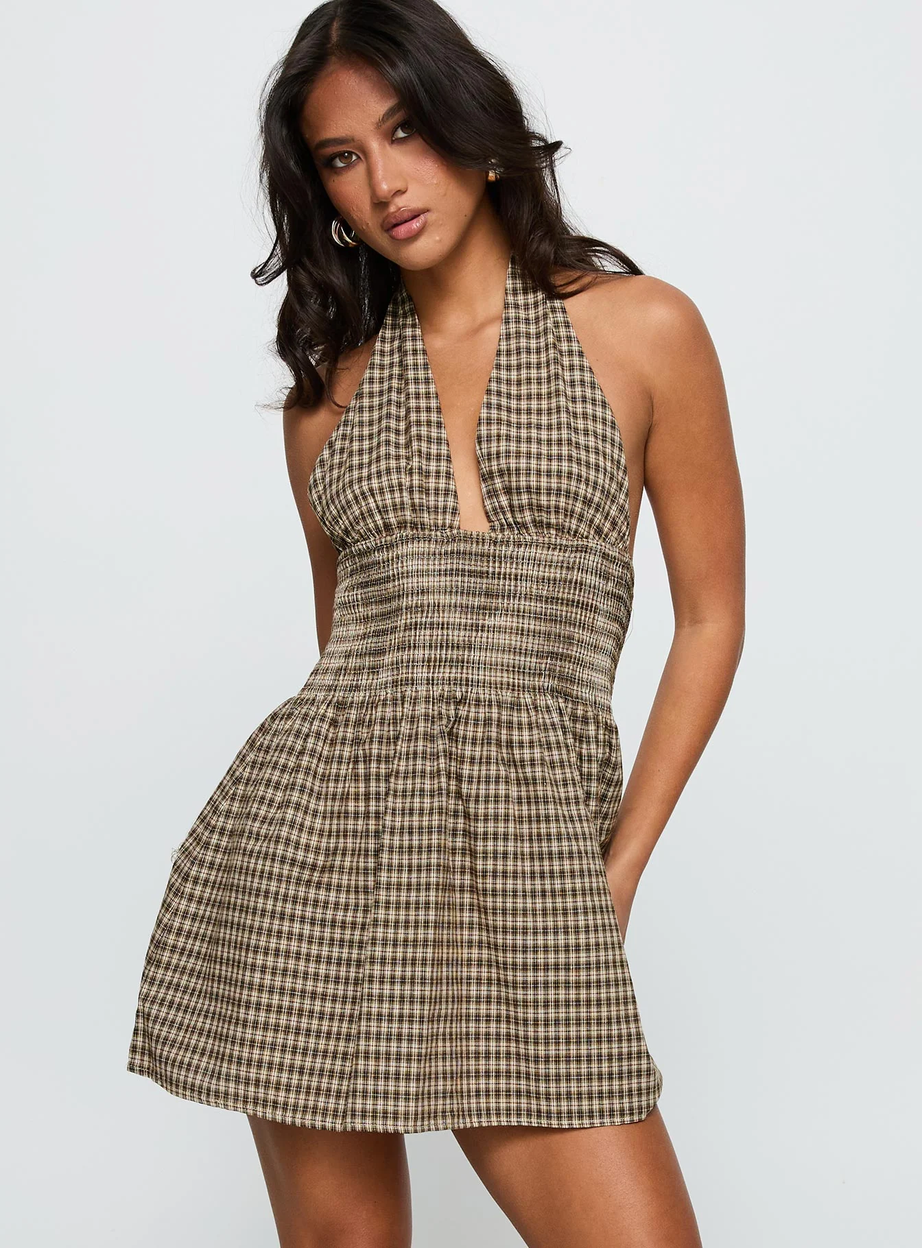 Juanette Halter Mini Dress Brown Check - TREBLEV