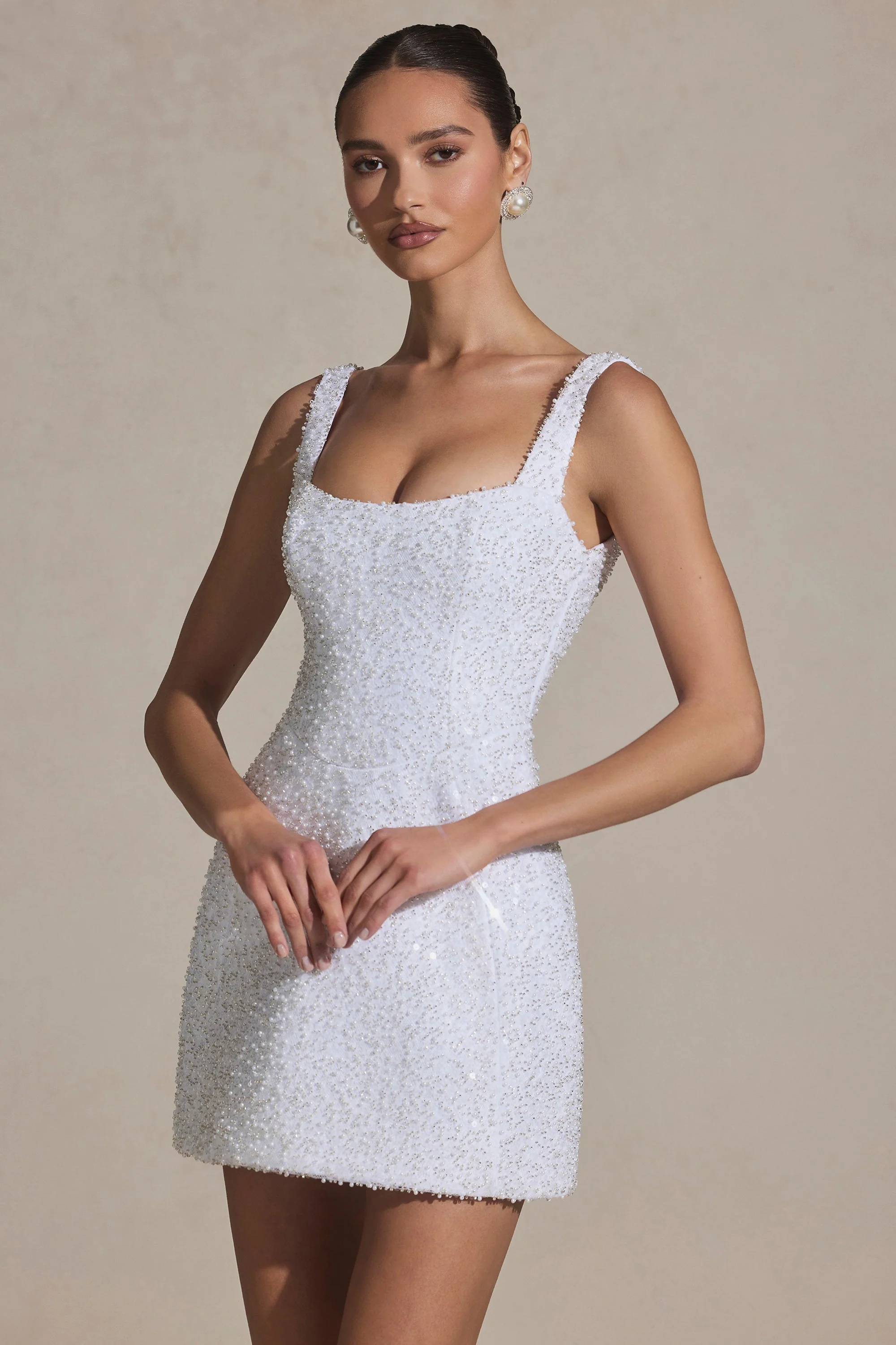 Embellished Structured A-Line Mini Dress in White - TREBLEV