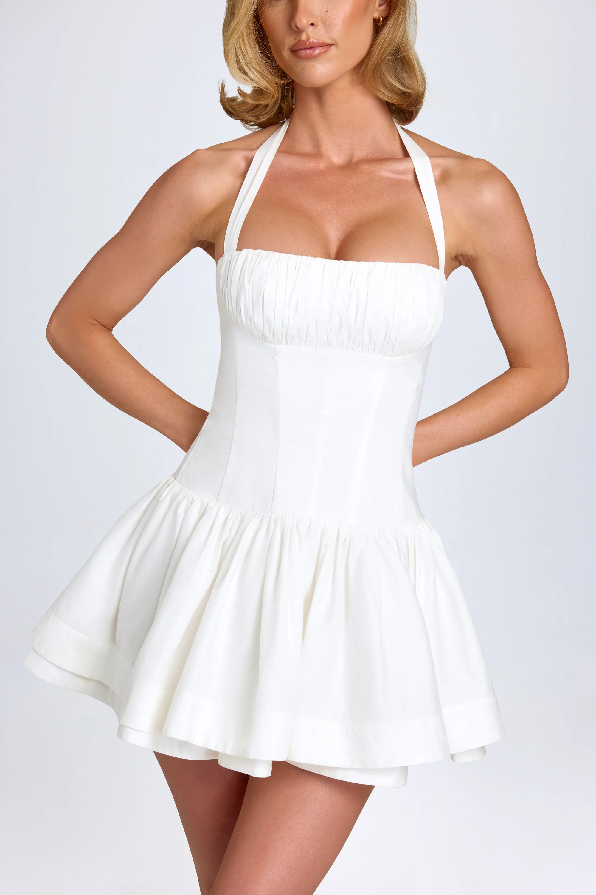 Ruched Halterneck Mini Dress in White - TREBLEV