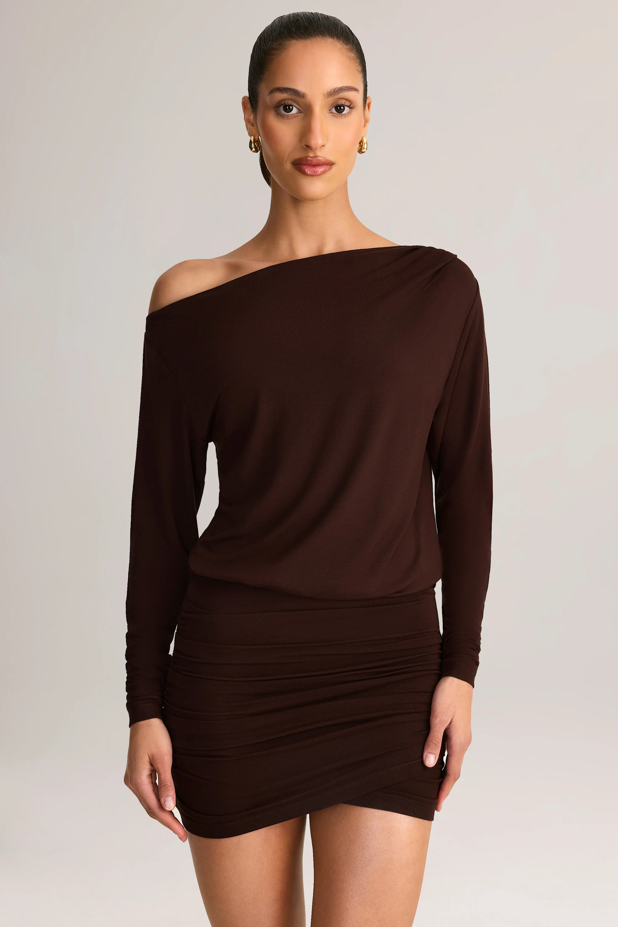 Modal Off-Shoulder Mini Dress in Chocolate Brown - TREBLEV