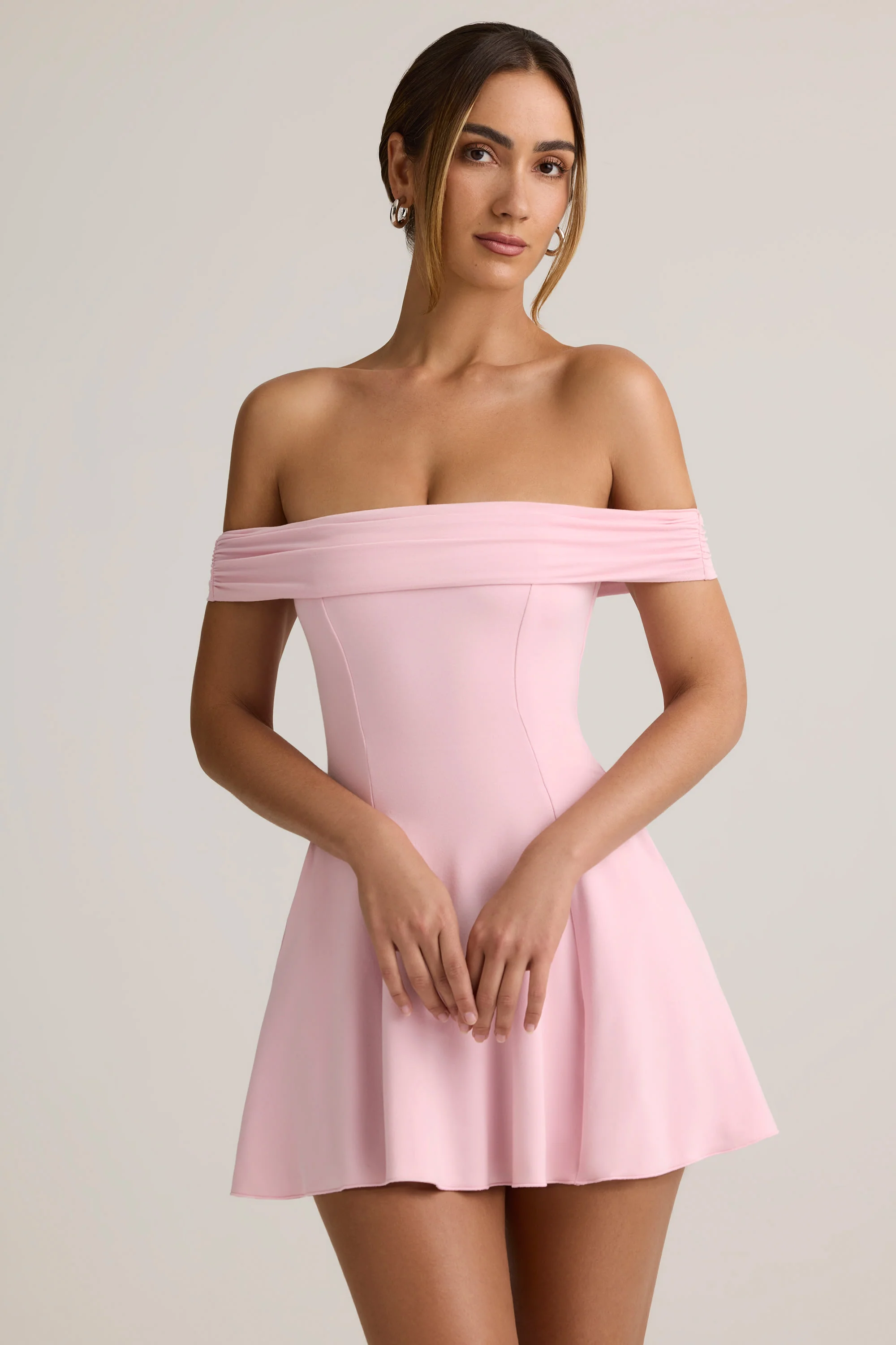 Modal Off-Shoulder A-Line Mini Dress in Baby Pink - TREBLEV