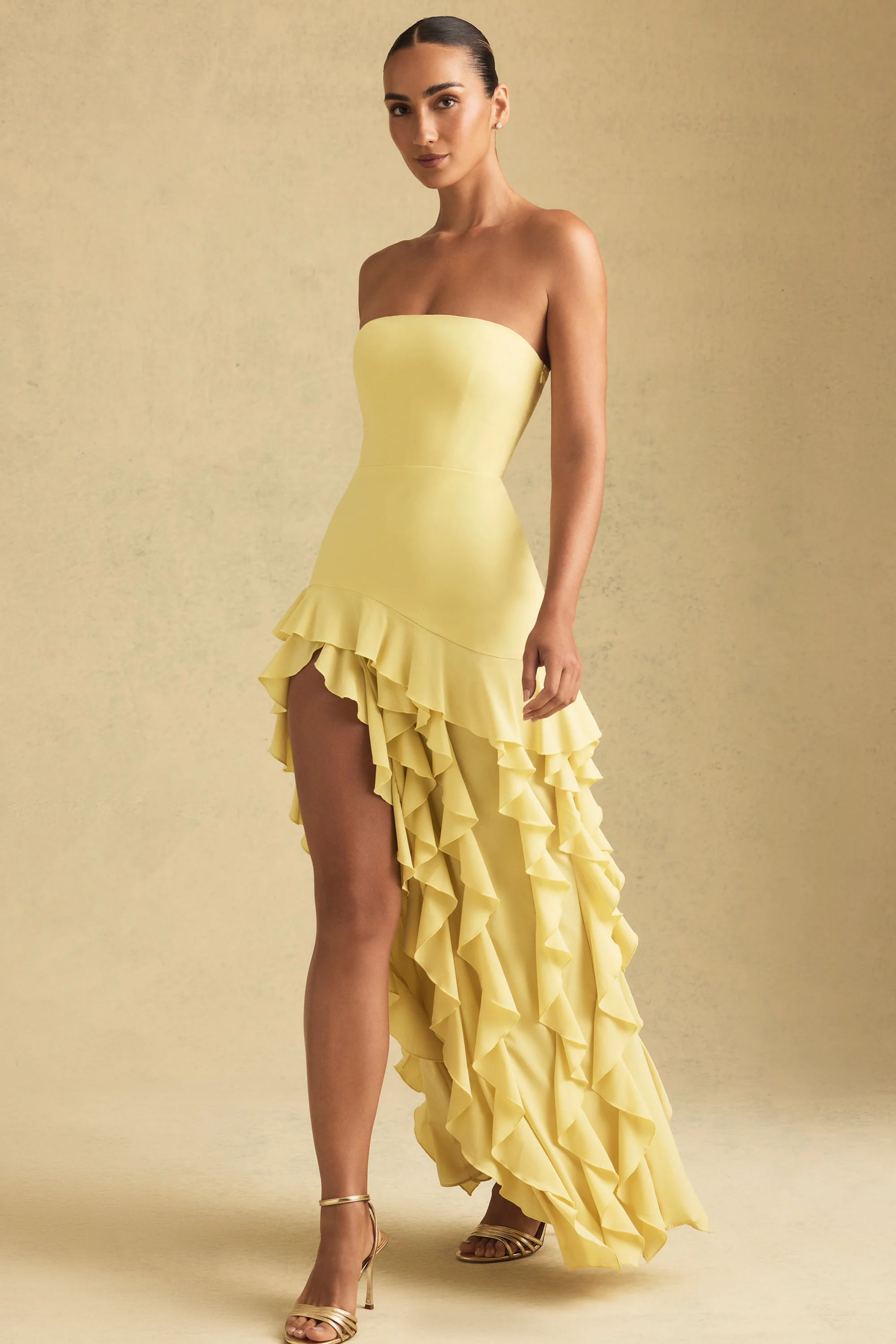 Ruffle-Trim Strapless Gown in Pastel Yellow - TREBLEV