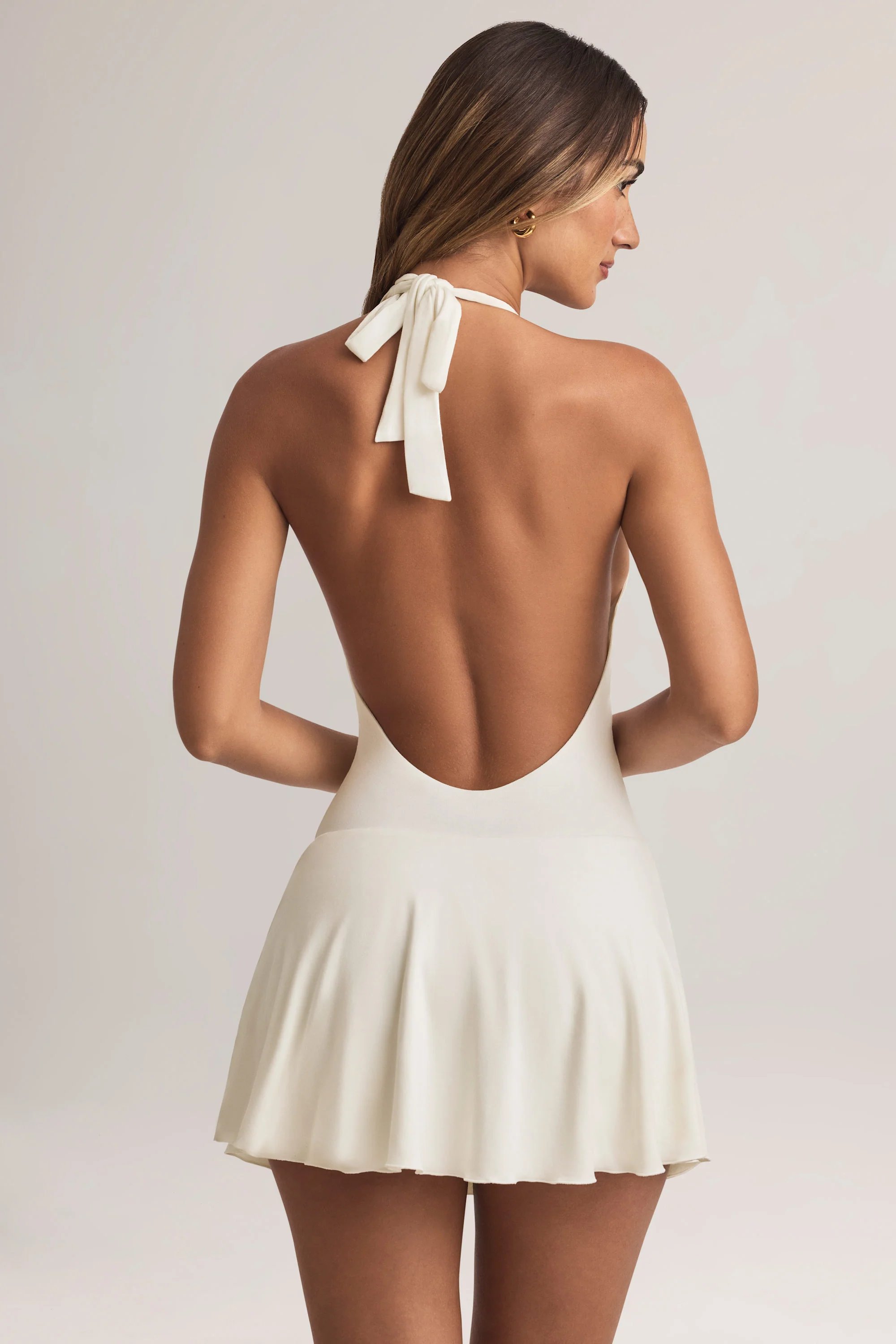 Modal Halterneck A-Line Mini Dress in White - TREBLEV
