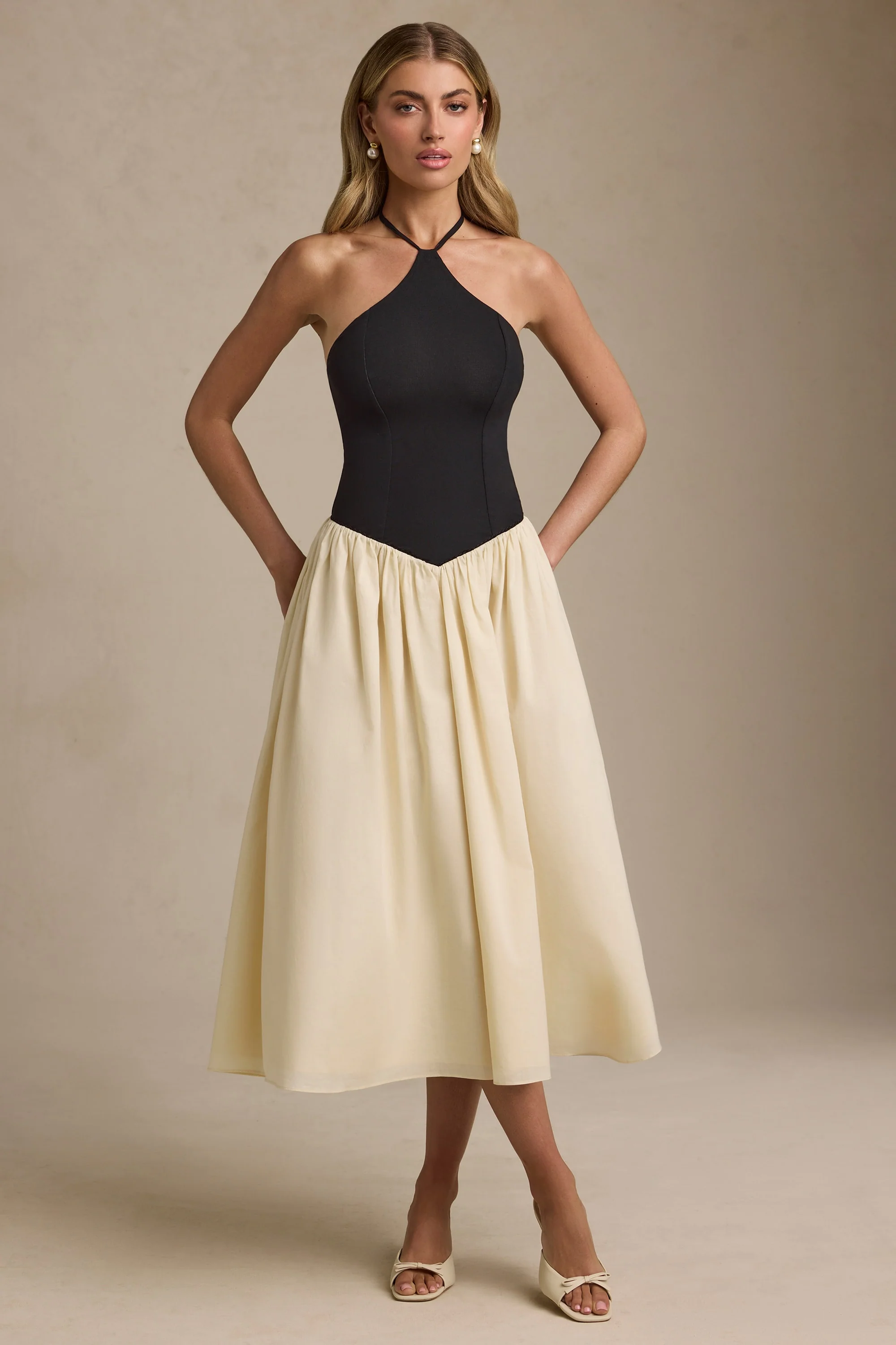 Halterneck A-Line Midaxi Dress in Black - TREBLEV