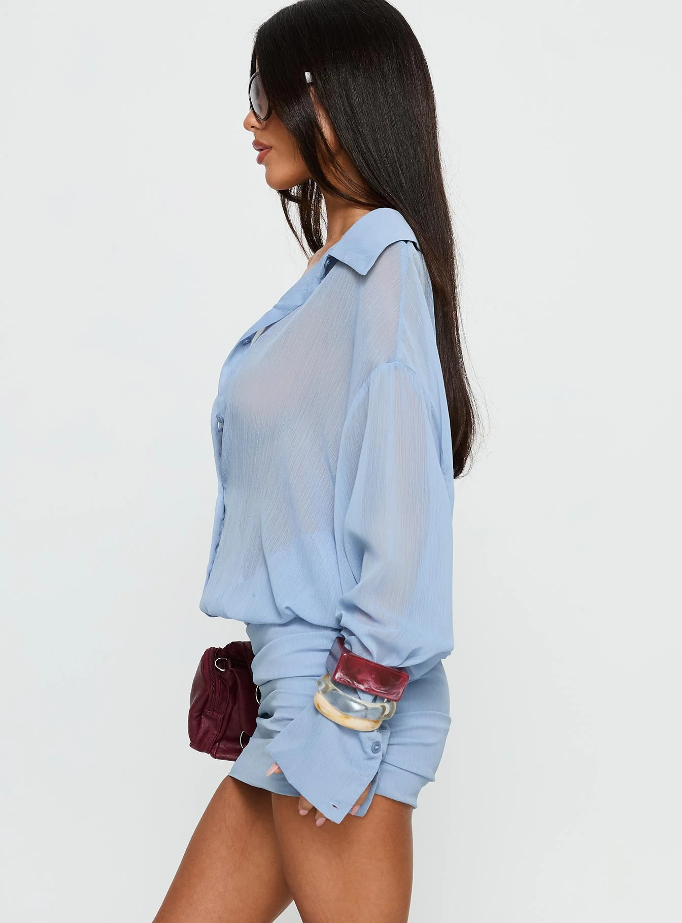 Moonrising Sheer Blouson Dress Blue - TREBLEV