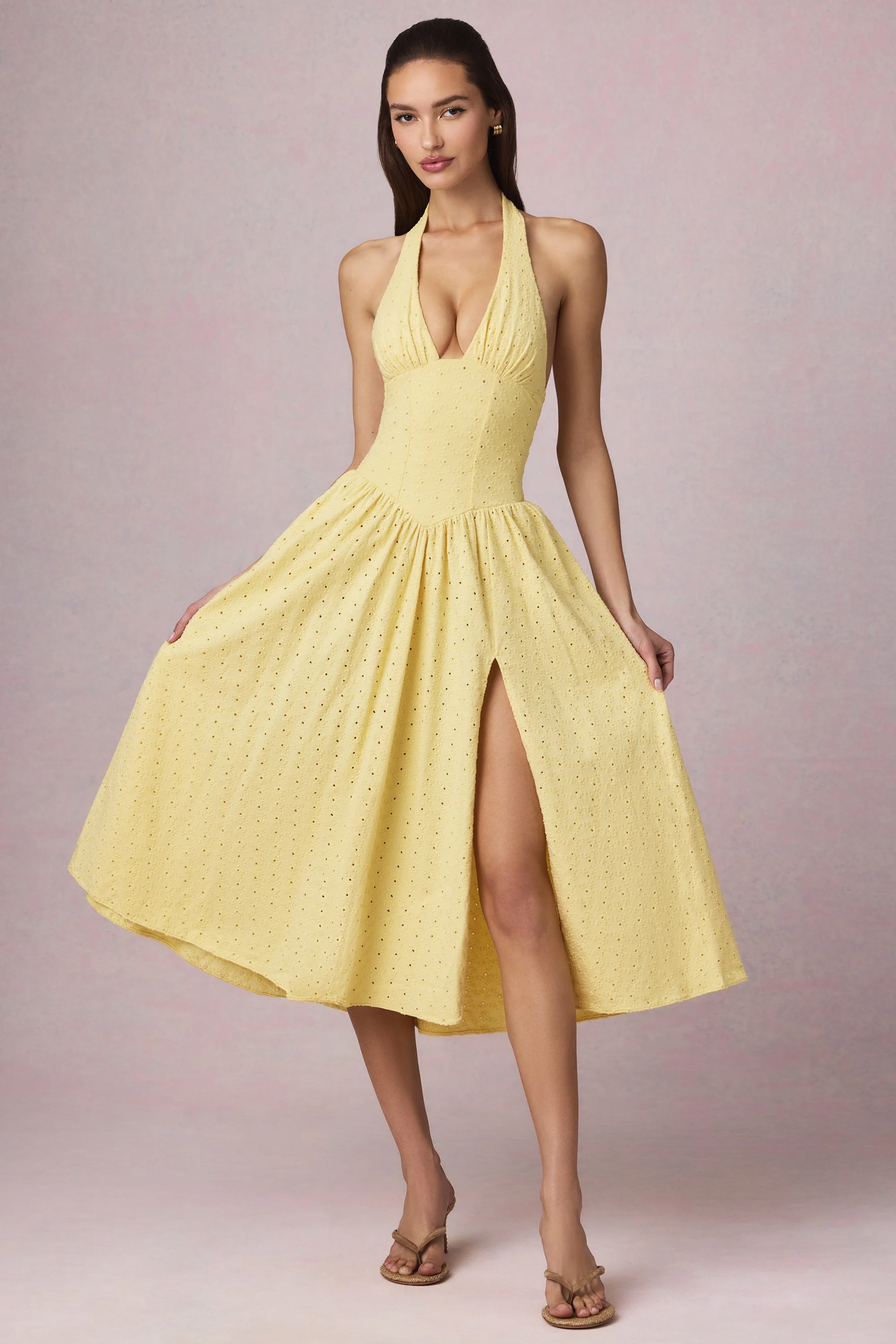 Broderie Anglaise Halterneck Midaxi Dress in Lemon Yellow - TREBLEV