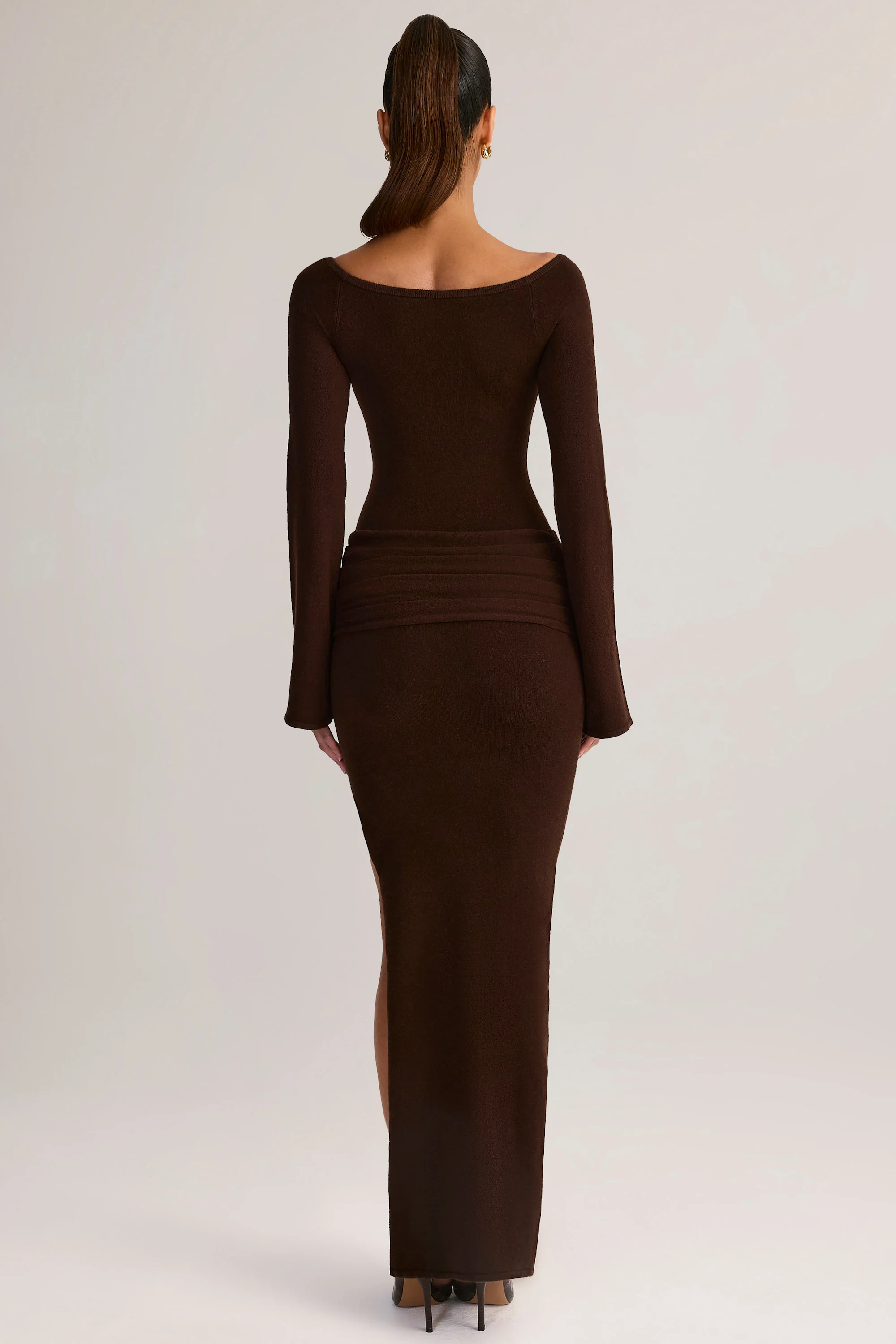 Knit Boat-Neck Long-Sleeve Maxi Dress in Chocolate Brown - TREBLEV