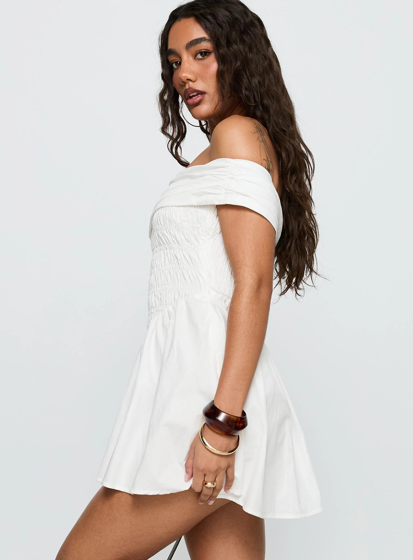 Fruitful Off Shoulder Mini Dress White - TREBLEV