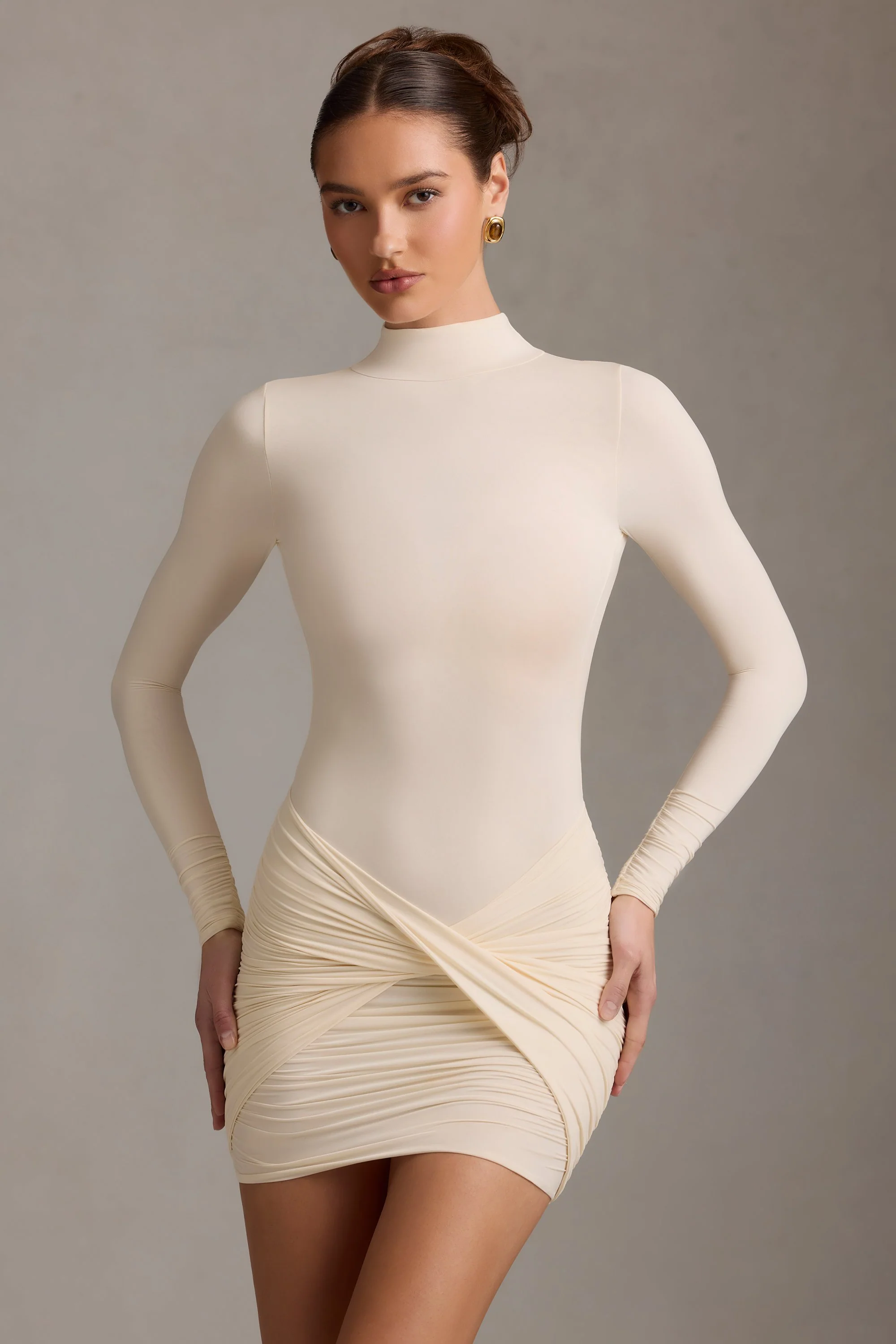 Ruched Backless Turtleneck Mini Dress in Ivory - TREBLEV