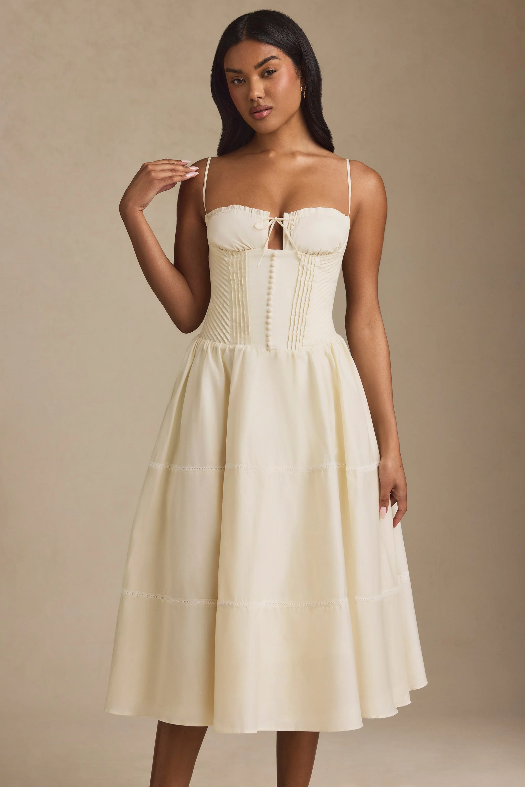 Lace-Trim Pintucked Poplin Midaxi Dress in Ivory - TREBLEV