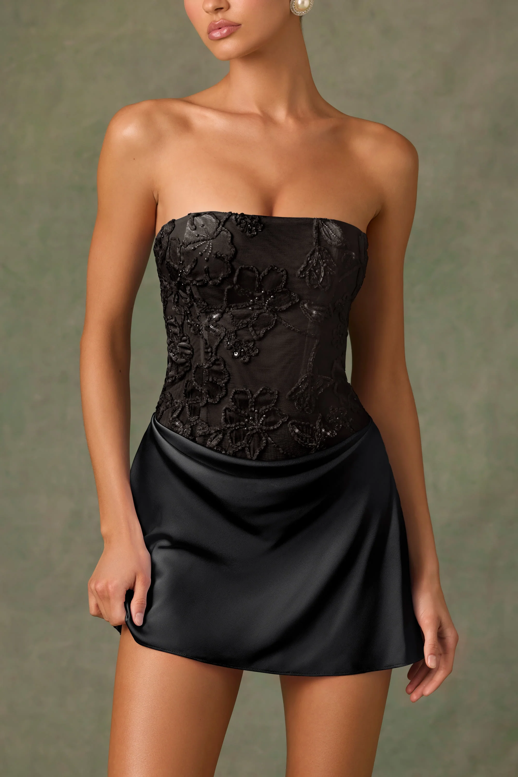 Embellished Draped Strapless A-Line Mini Dress in Black - TREBLEV