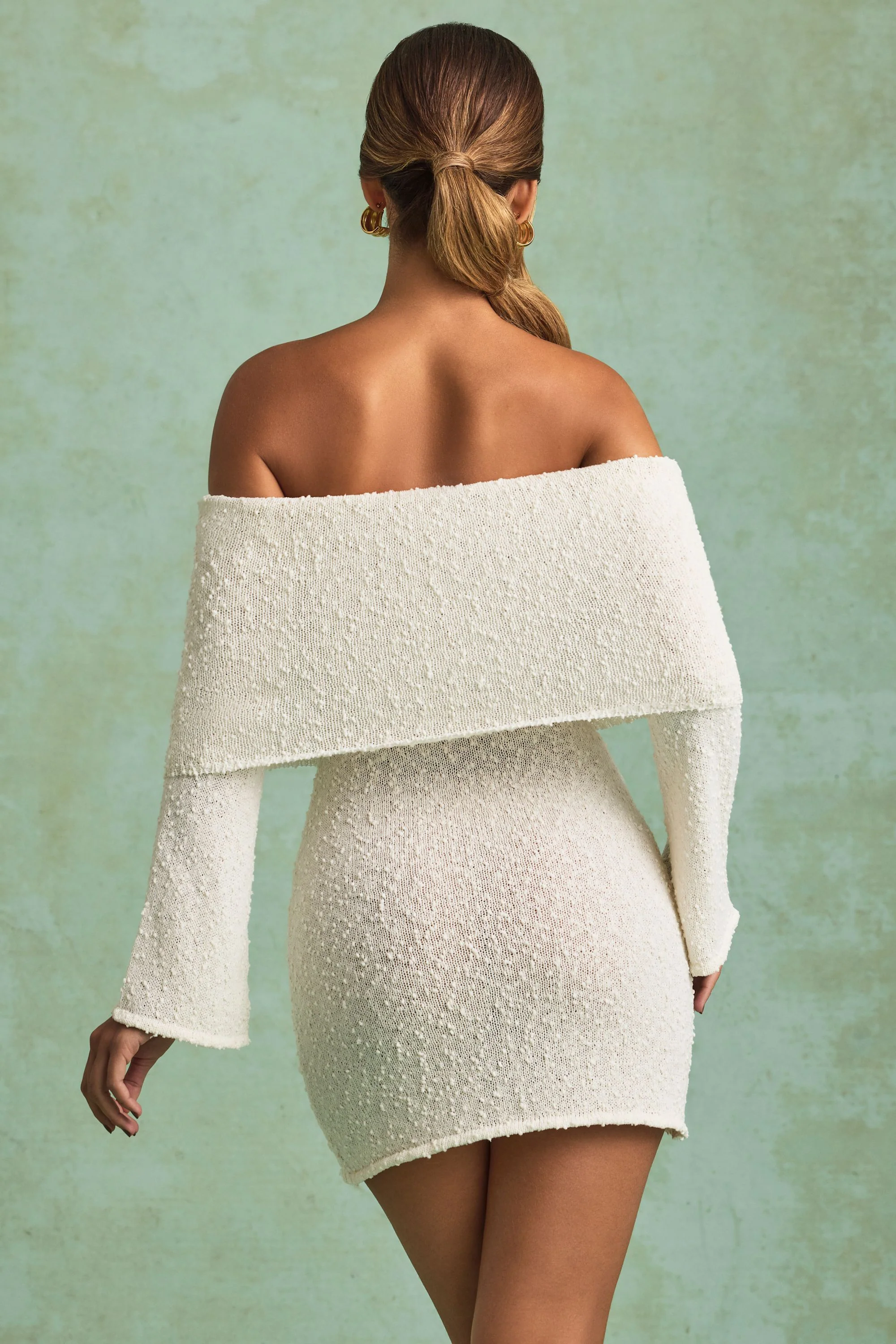 Bouclé Off-Shoulder Mini Dress in White - TREBLEV