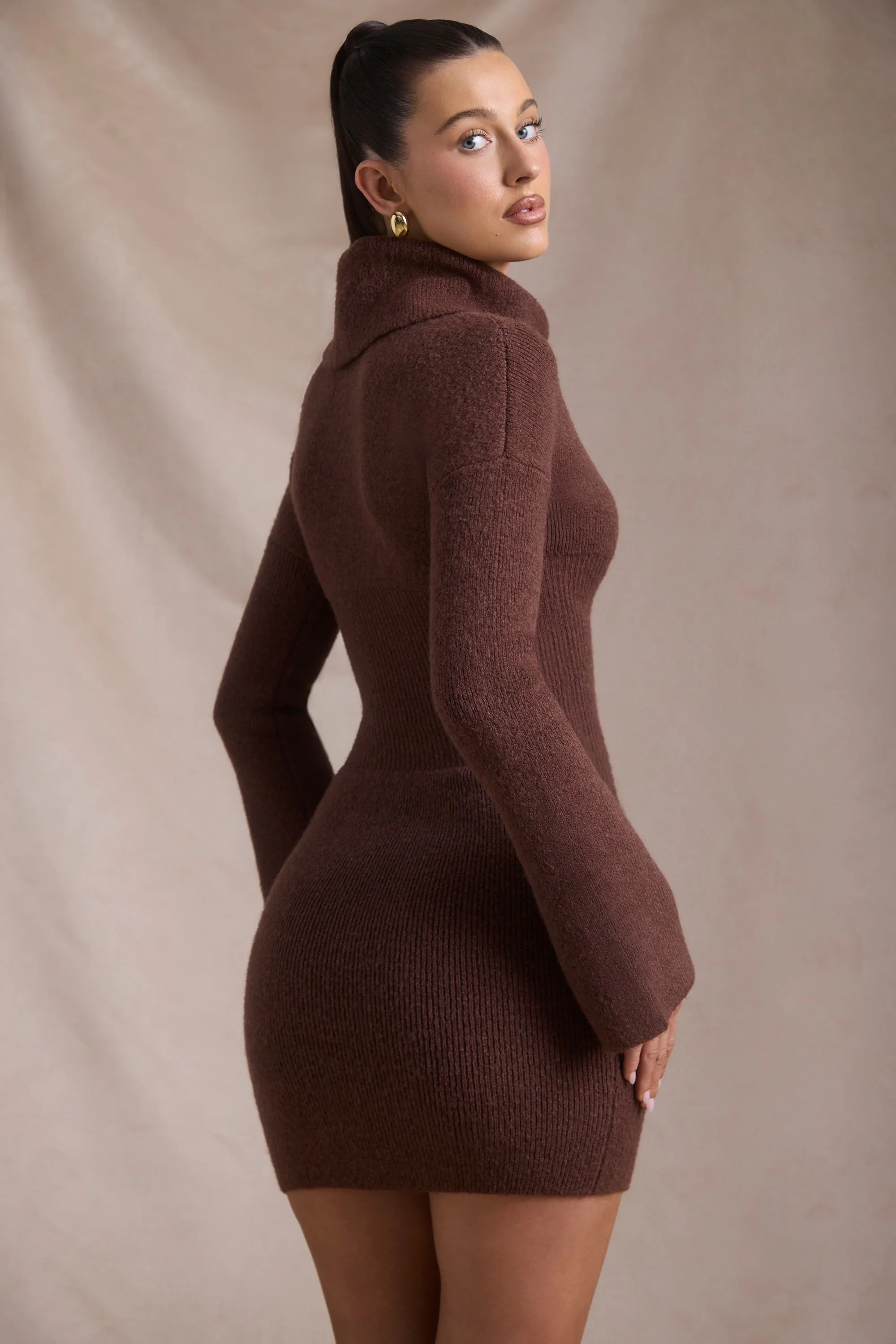 Ribbed-Knit Turtleneck Mini Jumper Dress in Espresso - TREBLEV